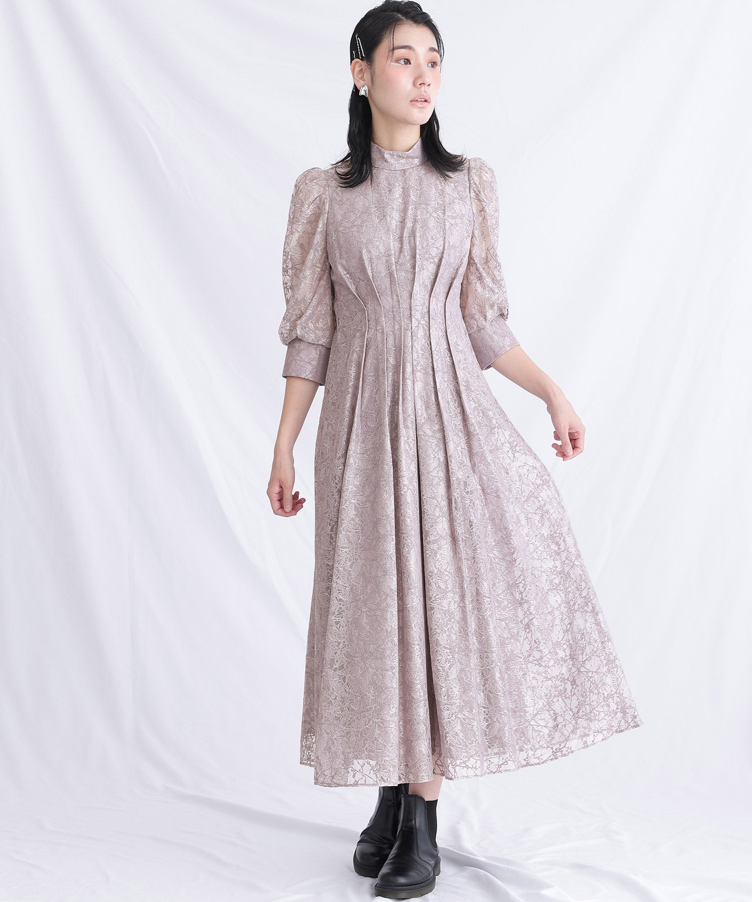 プールヴー PourVous ミモレ丈&七分袖フォーマルハイネックお呼ばれ結婚式パーティードレス ワンピース 20代 30代 40代 （グレー） グレー
