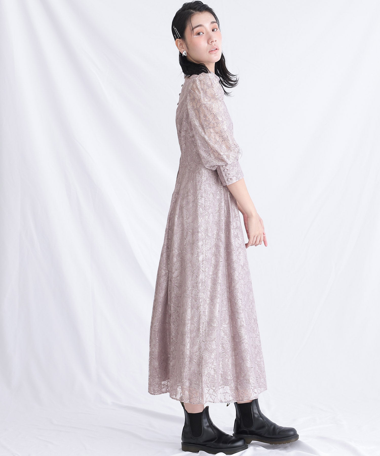 プールヴー PourVous ミモレ丈&七分袖フォーマルハイネックお呼ばれ結婚式パーティードレス ワンピース 20代 30代 40代 （グレー） グレー