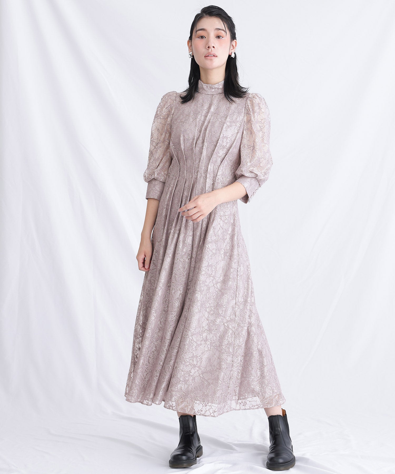 プールヴー PourVous ミモレ丈&七分袖フォーマルハイネックお呼ばれ結婚式パーティードレス ワンピース 20代 30代 40代 （グレー） グレー