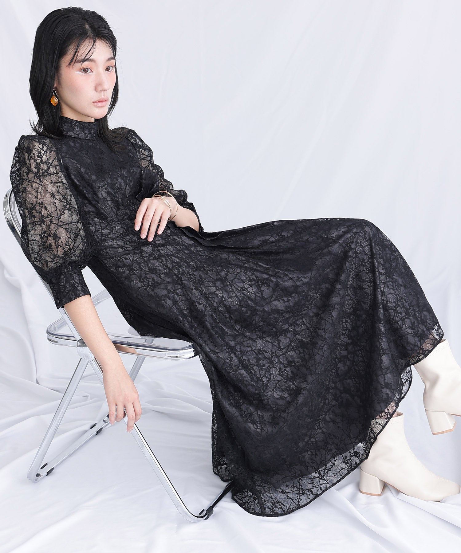 プールヴー PourVous ミモレ丈&七分袖フォーマルハイネックお呼ばれ結婚式パーティードレス ワンピース 20代 30代 40代 （ブラック） ブラック