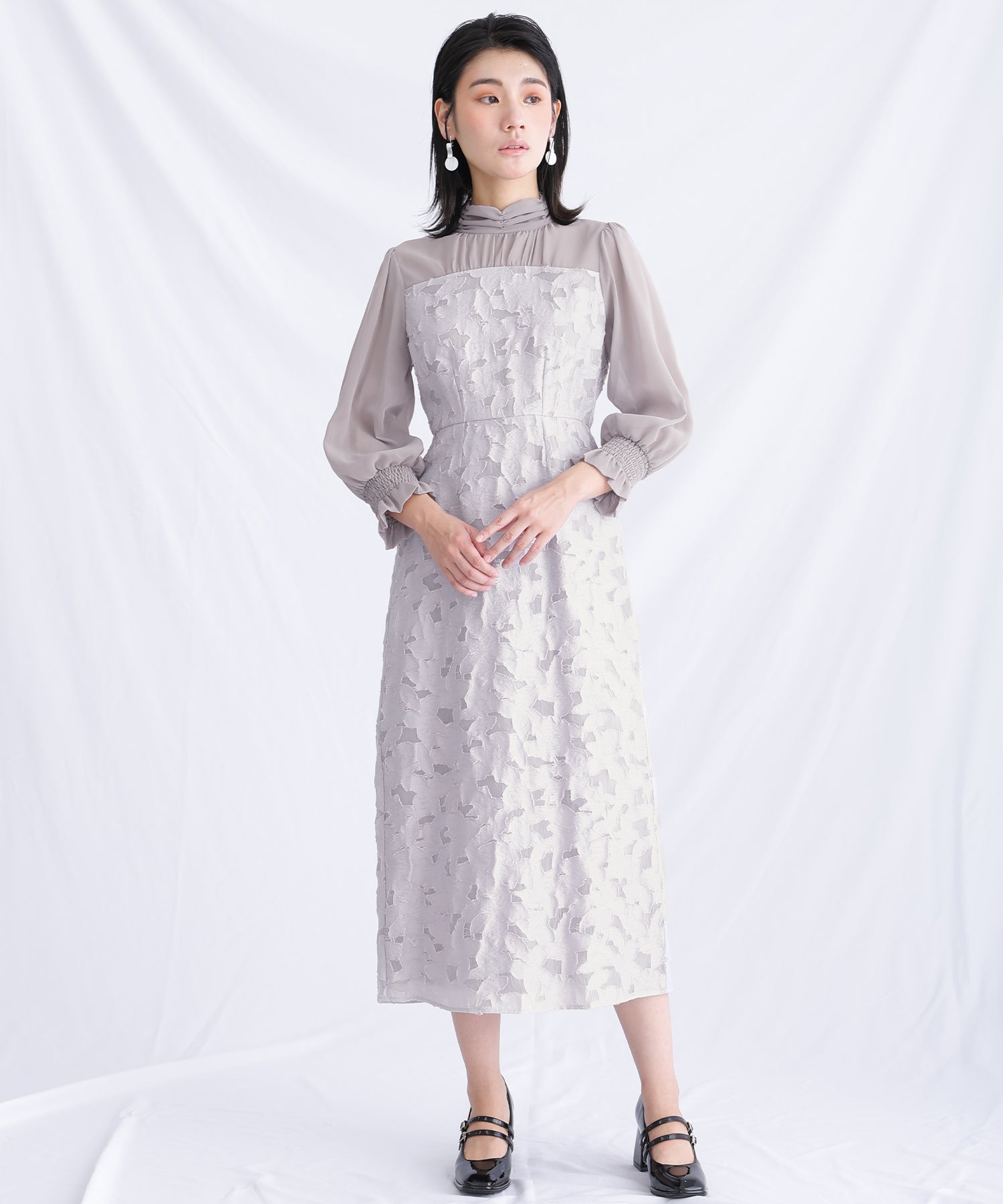 プールヴー PourVous 結婚式パーティードレスミモレ丈と袖ありジャガードお呼ばれフォーマル ワンピース 20代 30代 40代,パープル