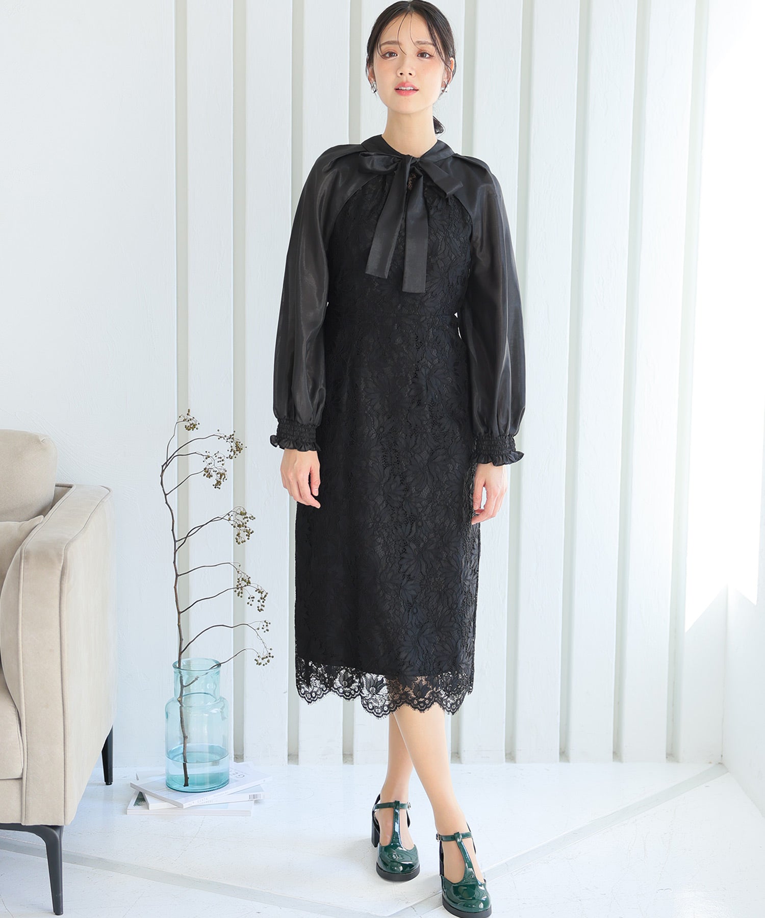 PourVous Long Party Dress with Sleeves, Ribbon Bolero, Wedding Formal Dress, 20s, 30s, 40s