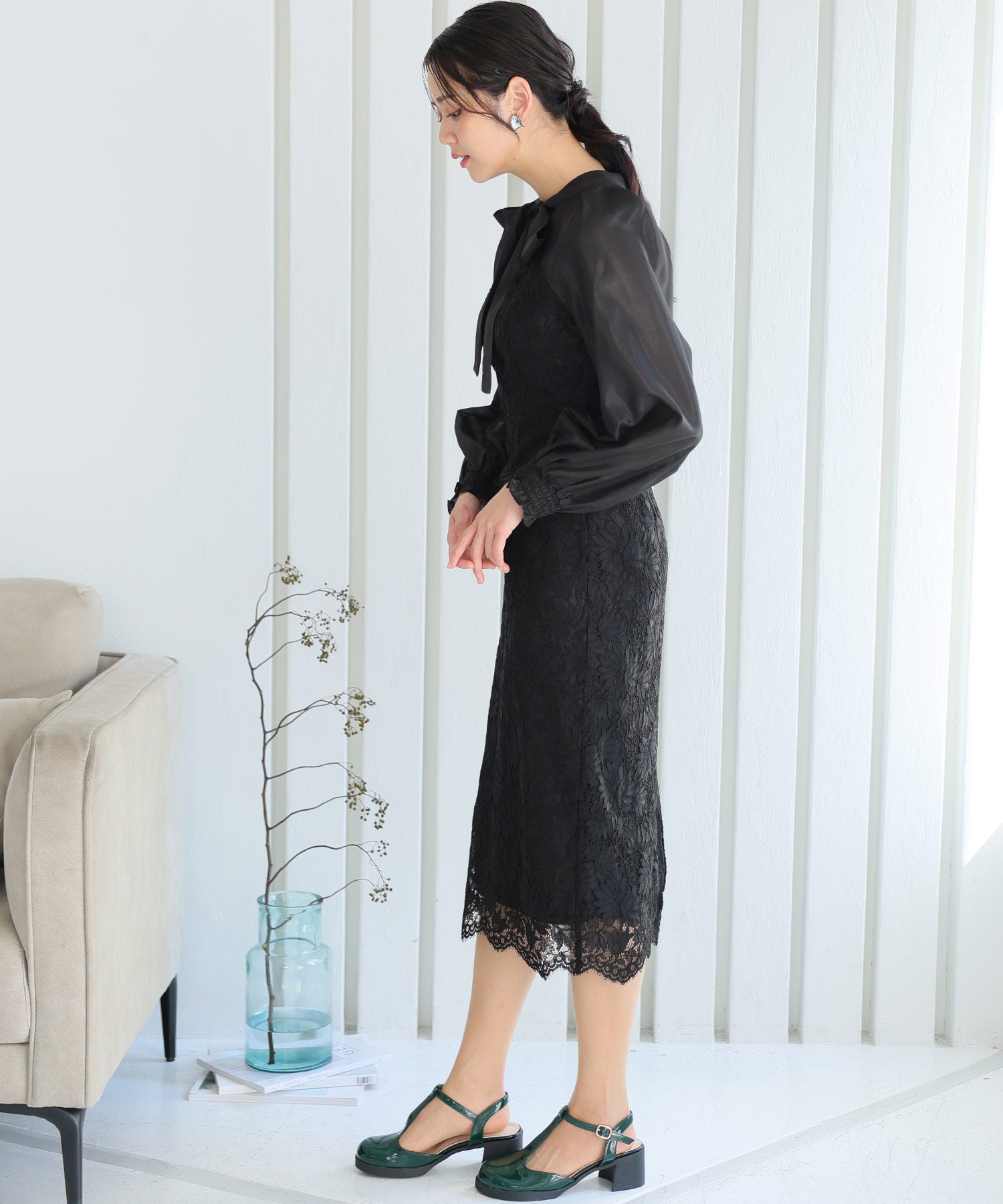 PourVous Long Party Dress with Sleeves, Ribbon Bolero, Wedding Formal Dress, 20s, 30s, 40s
