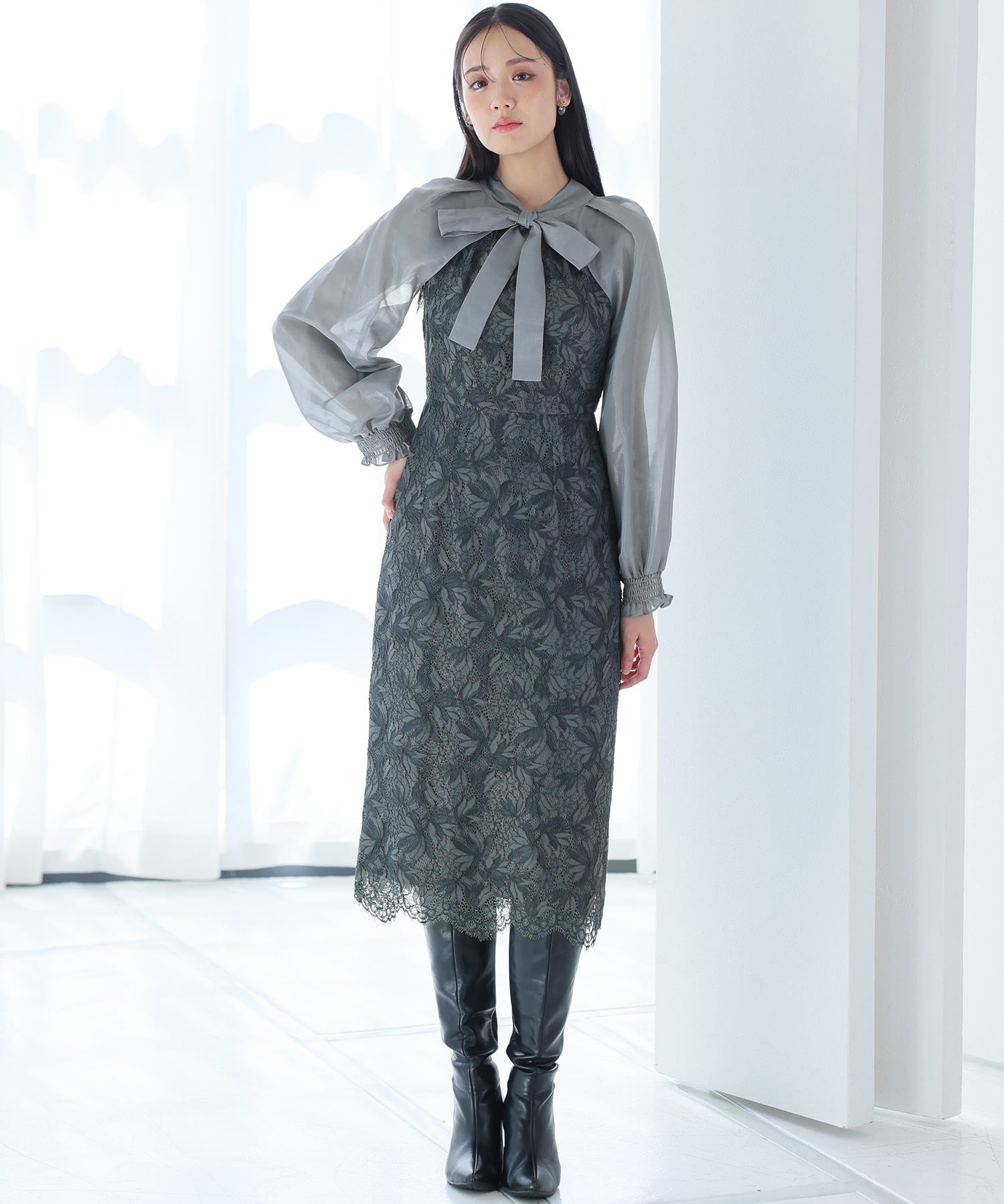 PourVous Long Party Dress with Sleeves, Ribbon Bolero, Wedding Formal Dress, 20s, 30s, 40s