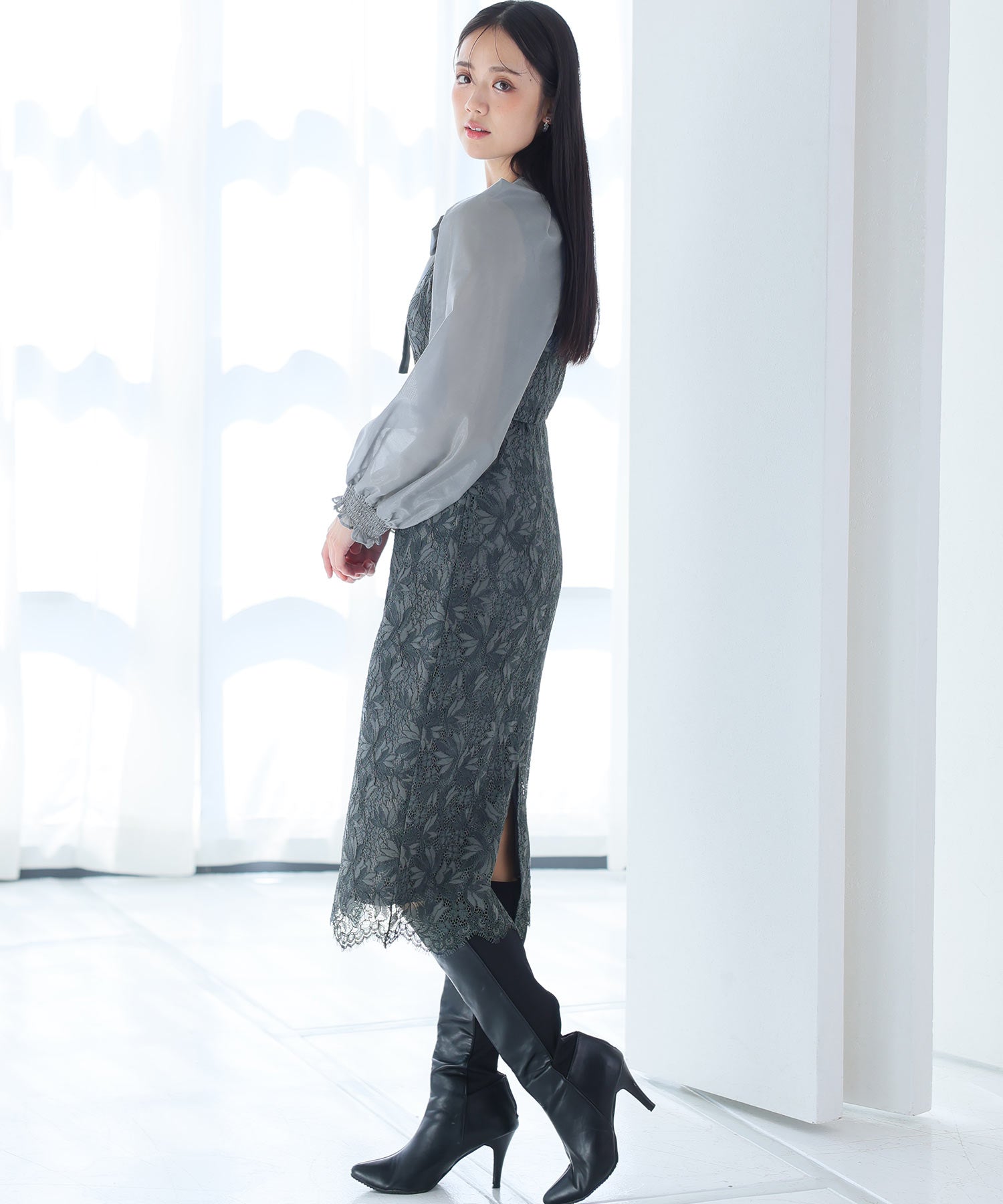 PourVous Long Party Dress with Sleeves, Ribbon Bolero, Wedding Formal Dress, 20s, 30s, 40s