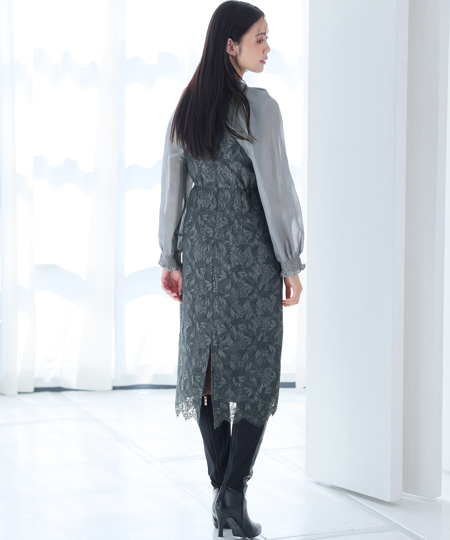 PourVous Long Party Dress with Sleeves, Ribbon Bolero, Wedding Formal Dress, 20s, 30s, 40s