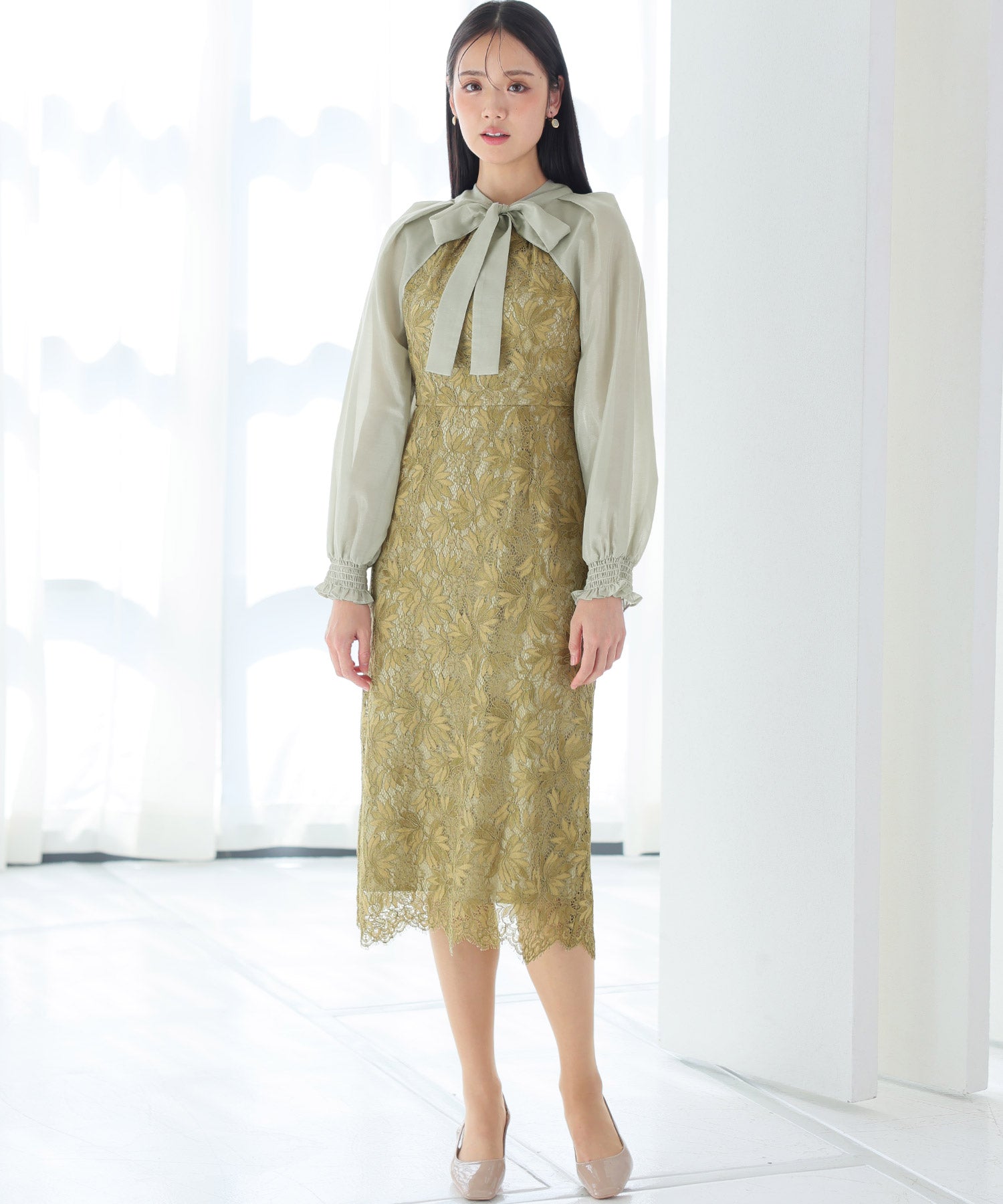 PourVous Long Party Dress with Sleeves, Ribbon Bolero, Wedding Formal Dress, 20s, 30s, 40s