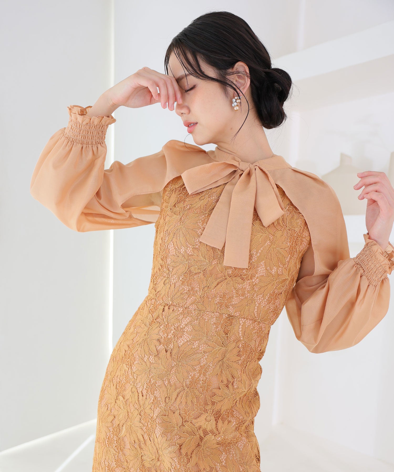 PourVous Long Party Dress with Sleeves, Ribbon Bolero, Wedding Formal Dress, 20s, 30s, 40s