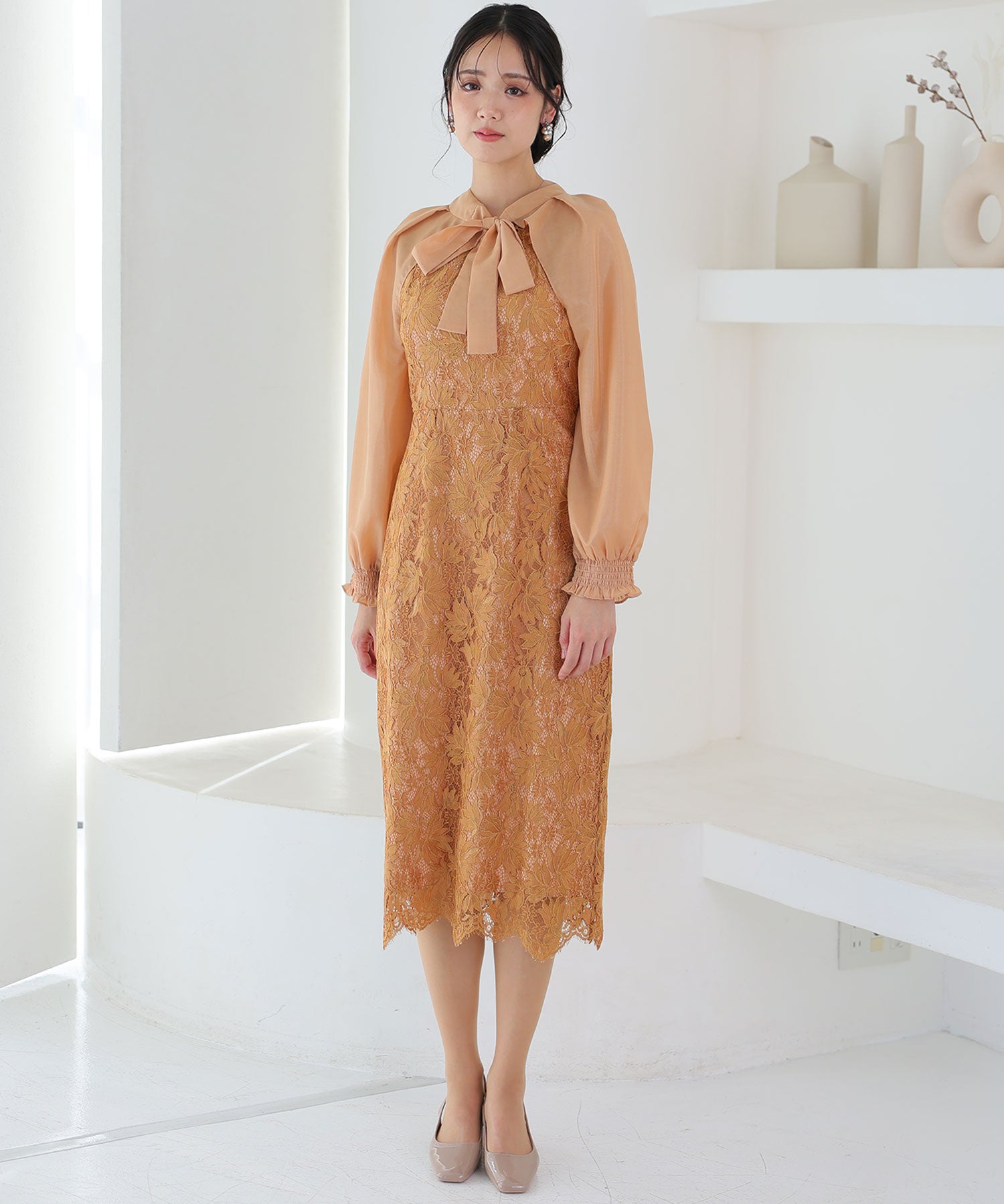 PourVous Long Party Dress with Sleeves, Ribbon Bolero, Wedding Formal Dress, 20s, 30s, 40s