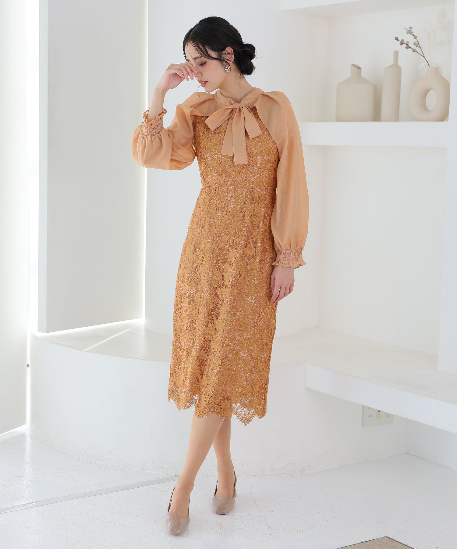 PourVous Long Party Dress with Sleeves, Ribbon Bolero, Wedding Formal Dress, 20s, 30s, 40s