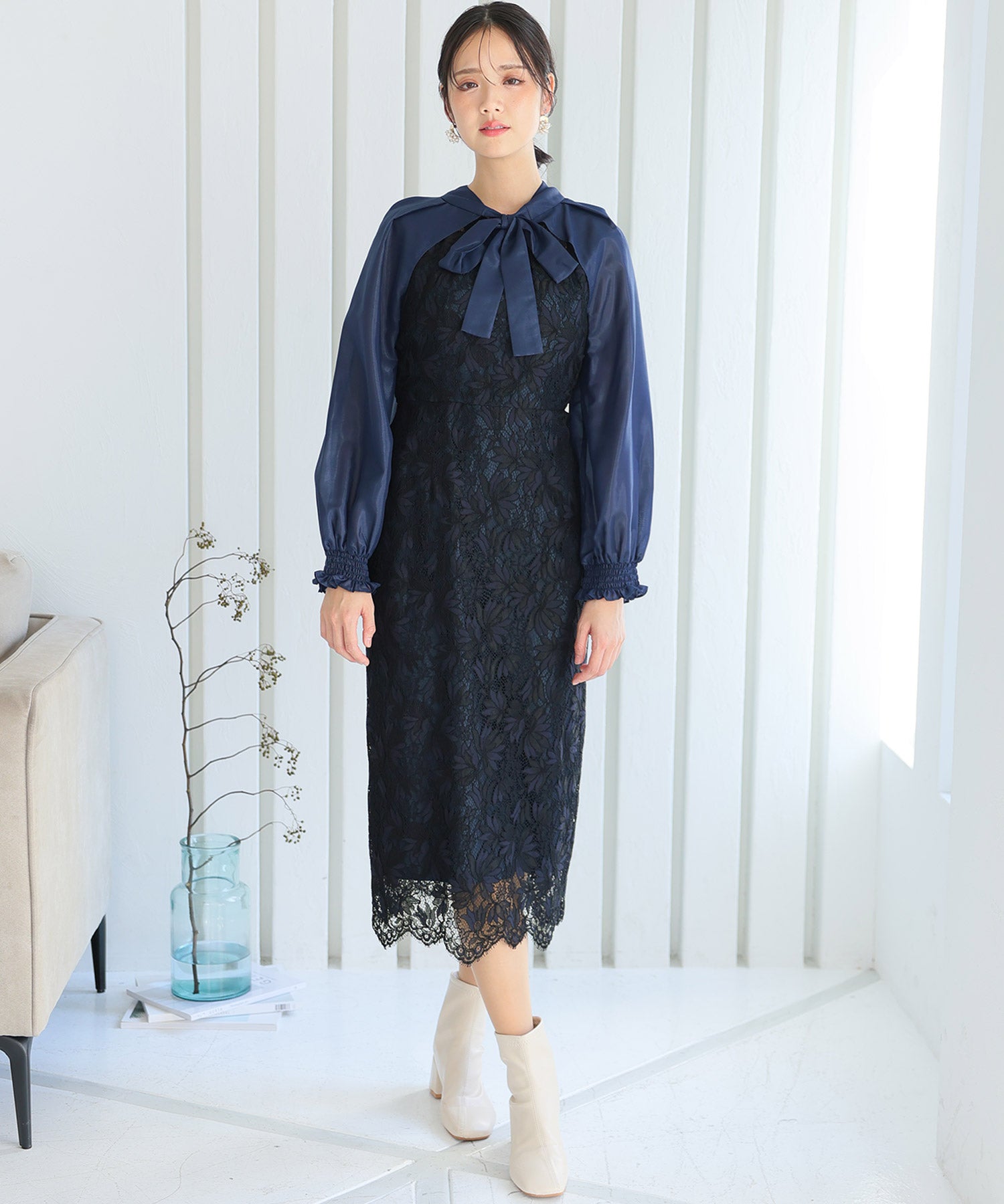PourVous Long Party Dress with Sleeves, Ribbon Bolero, Wedding Formal Dress, 20s, 30s, 40s
