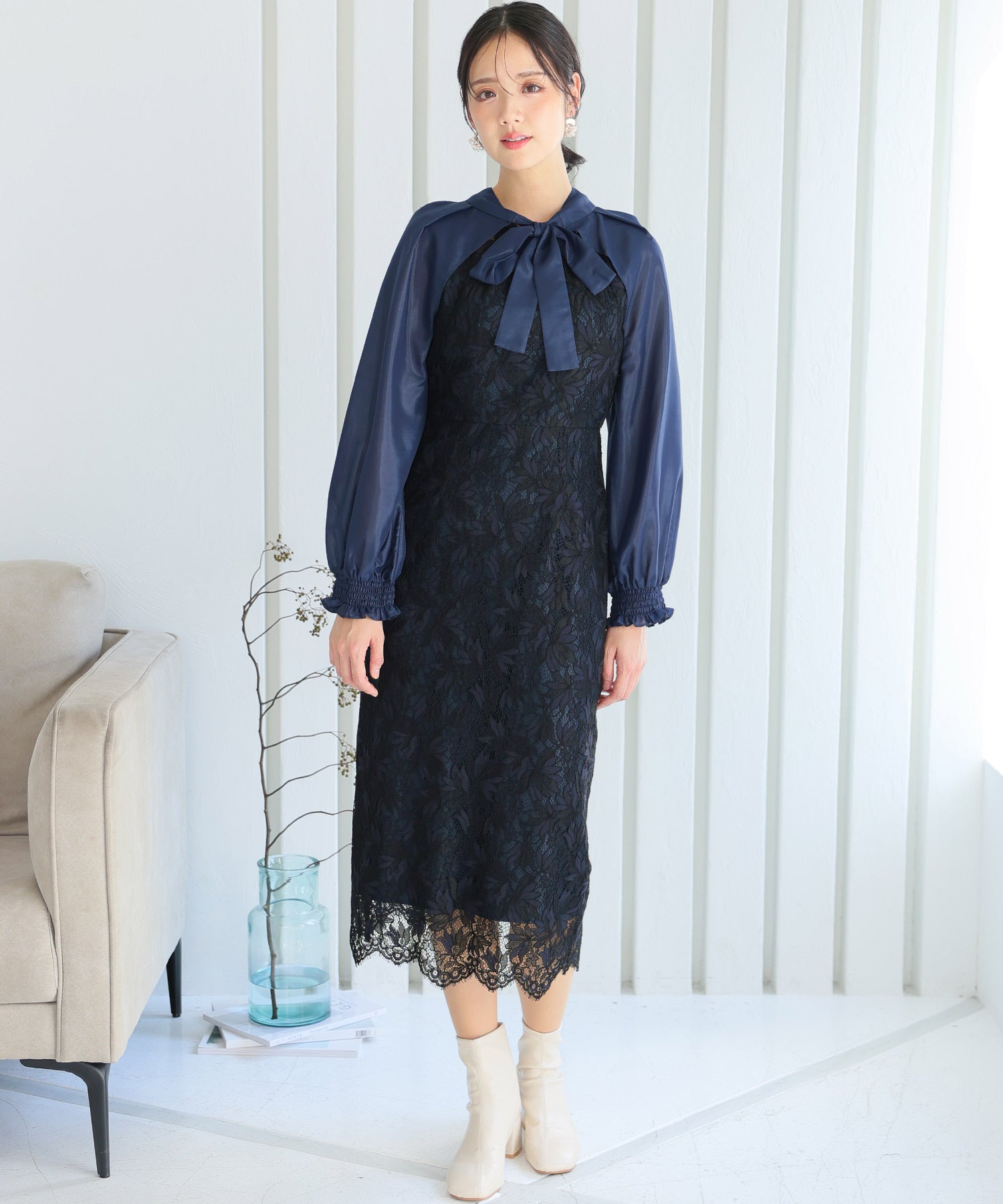 PourVous Long Party Dress with Sleeves, Ribbon Bolero, Wedding Formal Dress, 20s, 30s, 40s