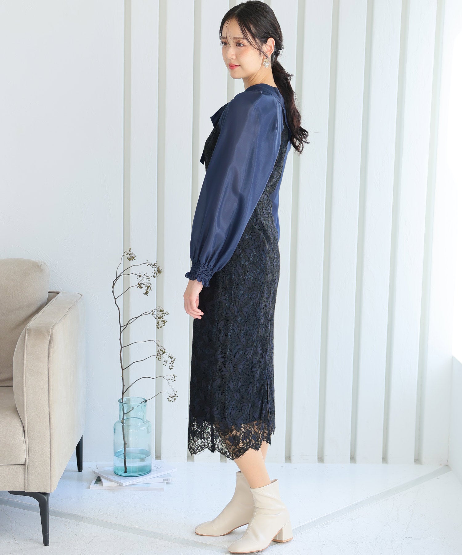 PourVous Long Party Dress with Sleeves, Ribbon Bolero, Wedding Formal Dress, 20s, 30s, 40s