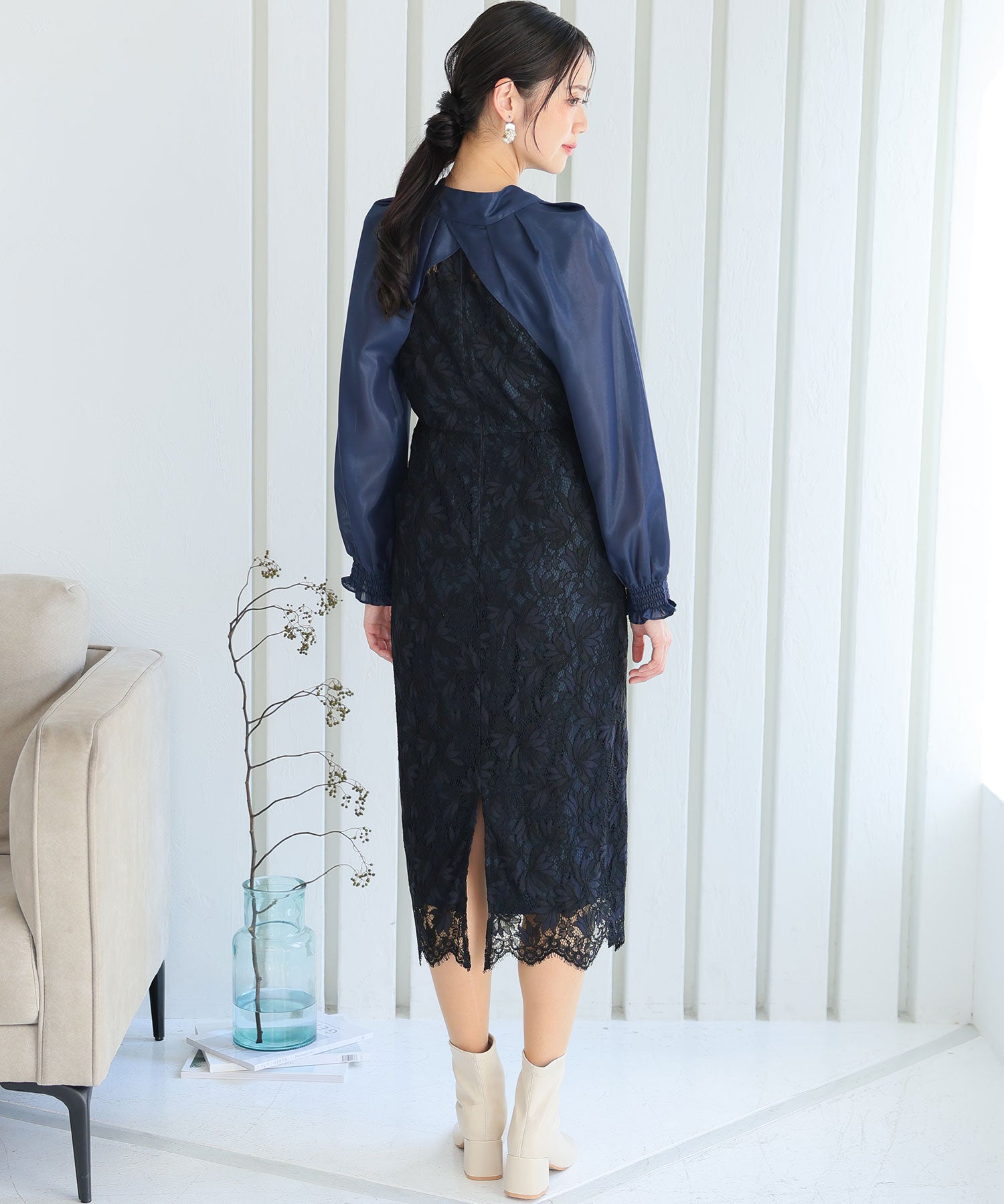 PourVous Long Party Dress with Sleeves, Ribbon Bolero, Wedding Formal Dress, 20s, 30s, 40s