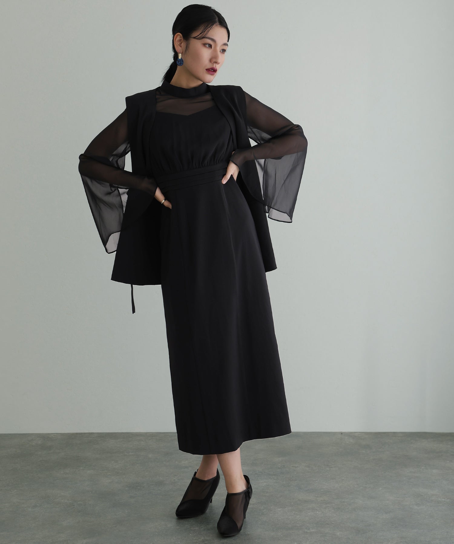 PourVous 結婚式パーティードレスジレ袖あり&ロングお呼ばれワンピース プールヴー PourVous 結婚式パーティードレスジレ袖あり&ロング