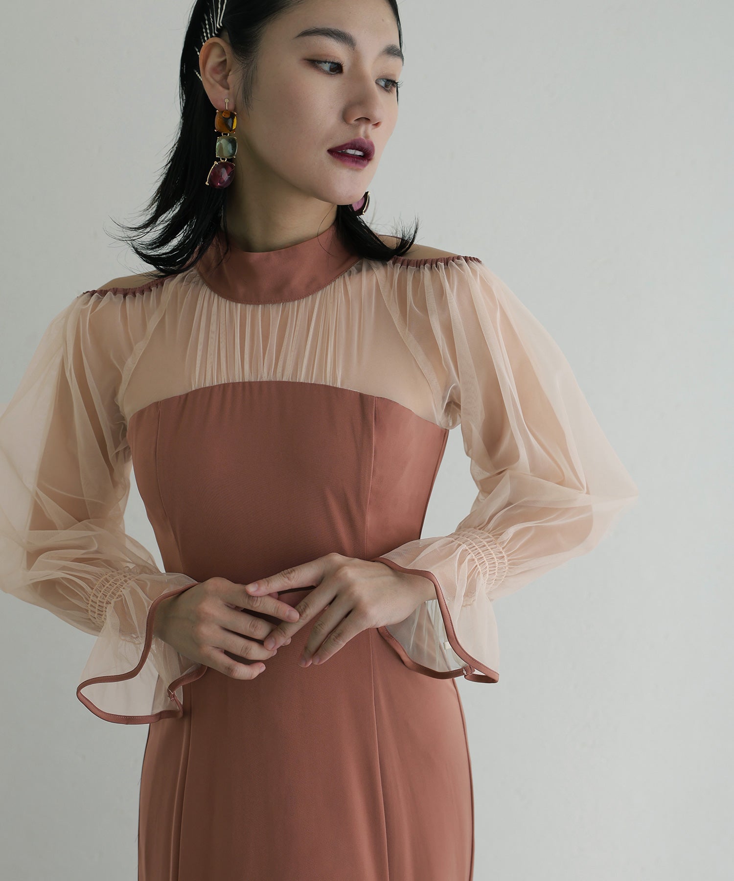 プールヴー PourVous 袖あり&ロングパーティードレスチュールお呼ばれ結婚式フォーマル ワンピース 20代 30代 40代 （オレンジ） オレンジ