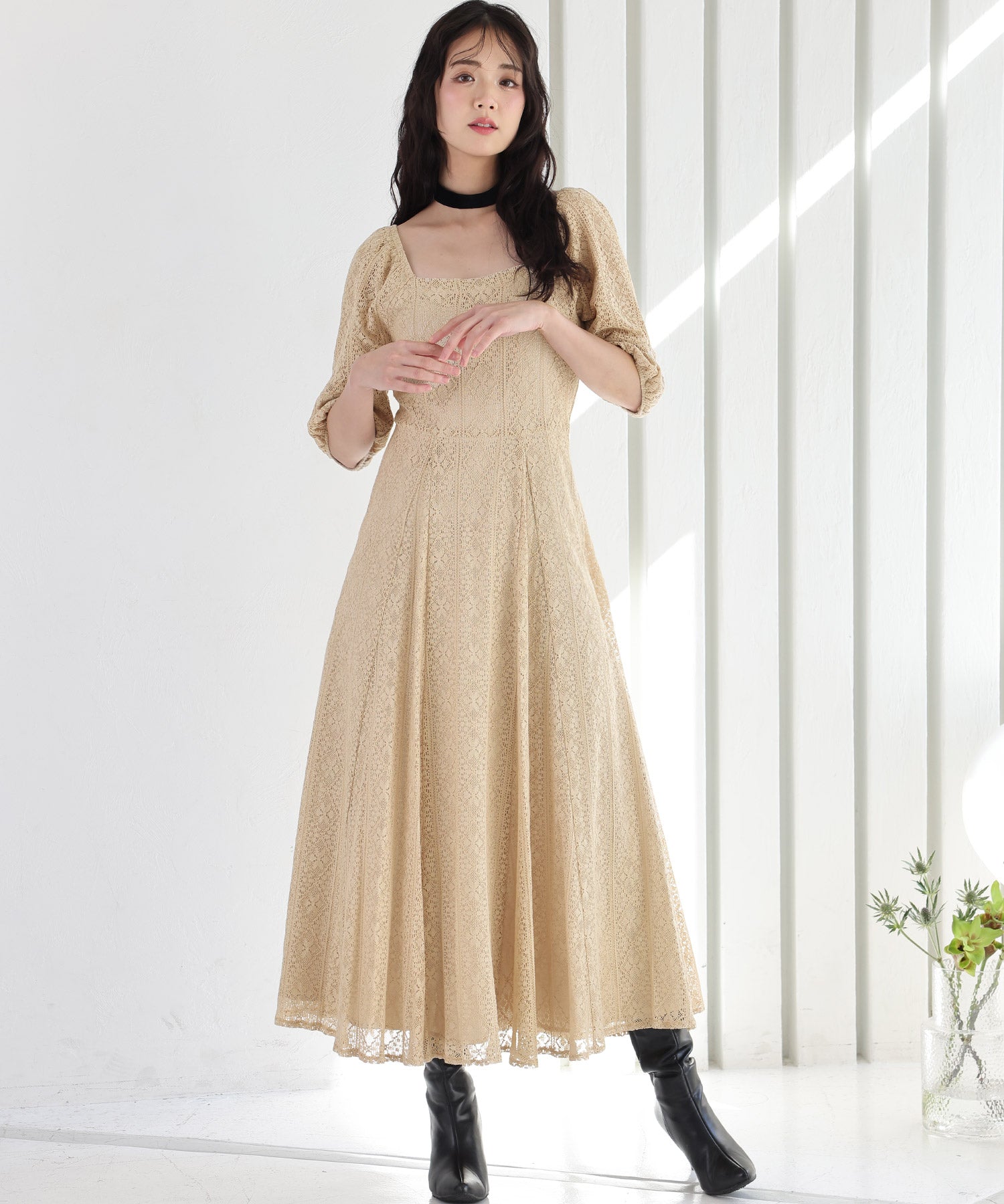 プールヴー PourVous 七分袖&ミモレ丈パーティードレススクエアネックお呼ばれ結婚式フォーマル ワンピース 20代 30代 40代