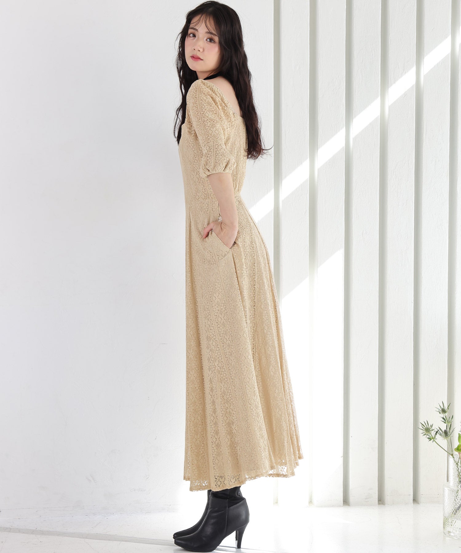 プールヴー PourVous 七分袖&ミモレ丈パーティードレススクエアネックお呼ばれ結婚式フォーマル ワンピース 20代 30代 40代