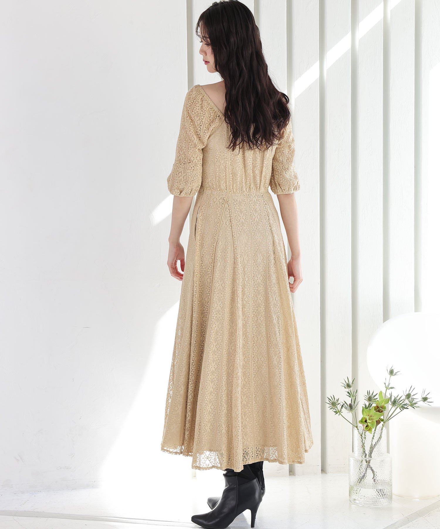 プールヴー PourVous 七分袖&ミモレ丈パーティードレススクエアネックお呼ばれ結婚式フォーマル ワンピース 20代 30代 40代