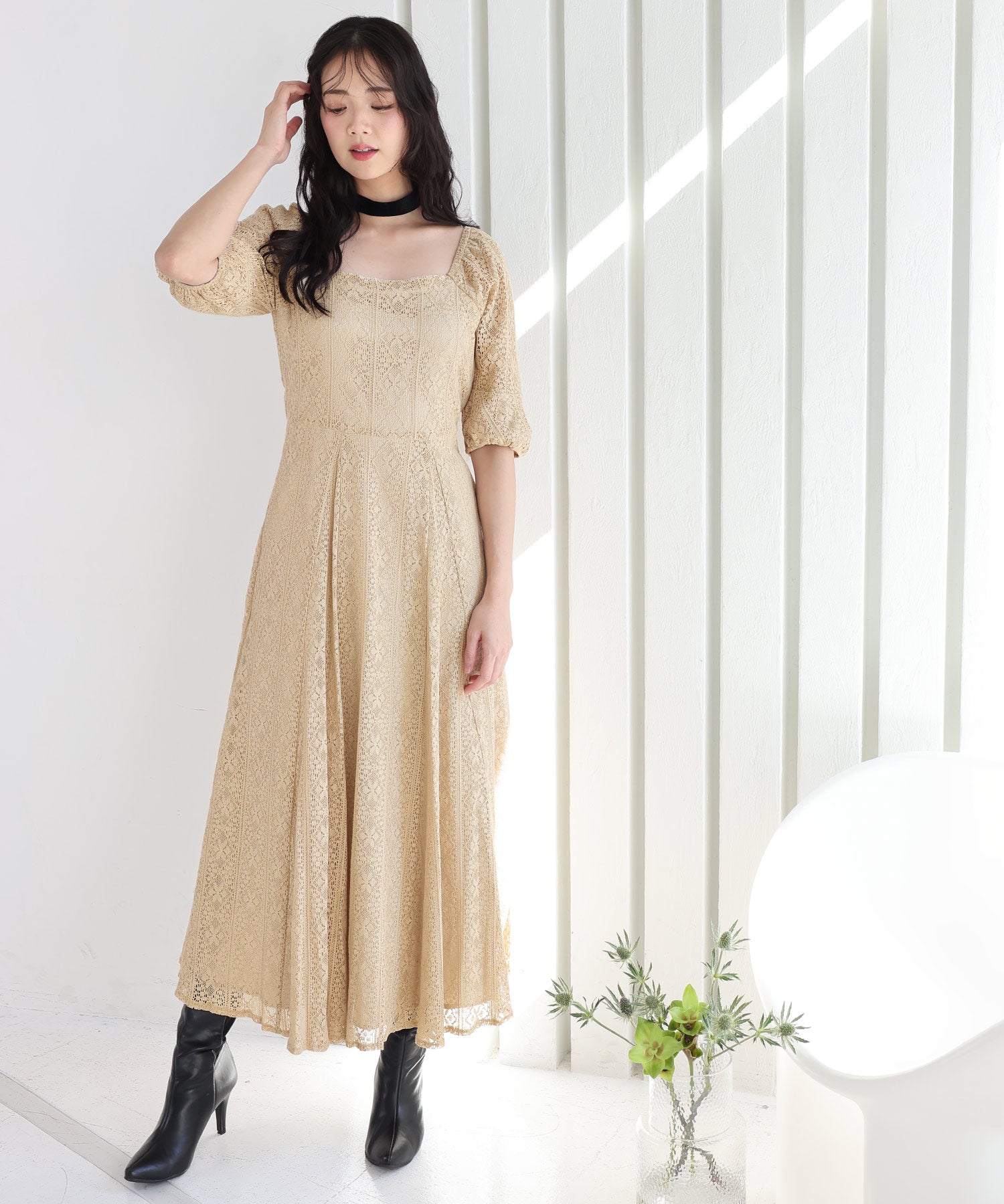 プールヴー PourVous 七分袖&ミモレ丈パーティードレススクエアネックお呼ばれ結婚式フォーマル ワンピース 20代 30代 40代