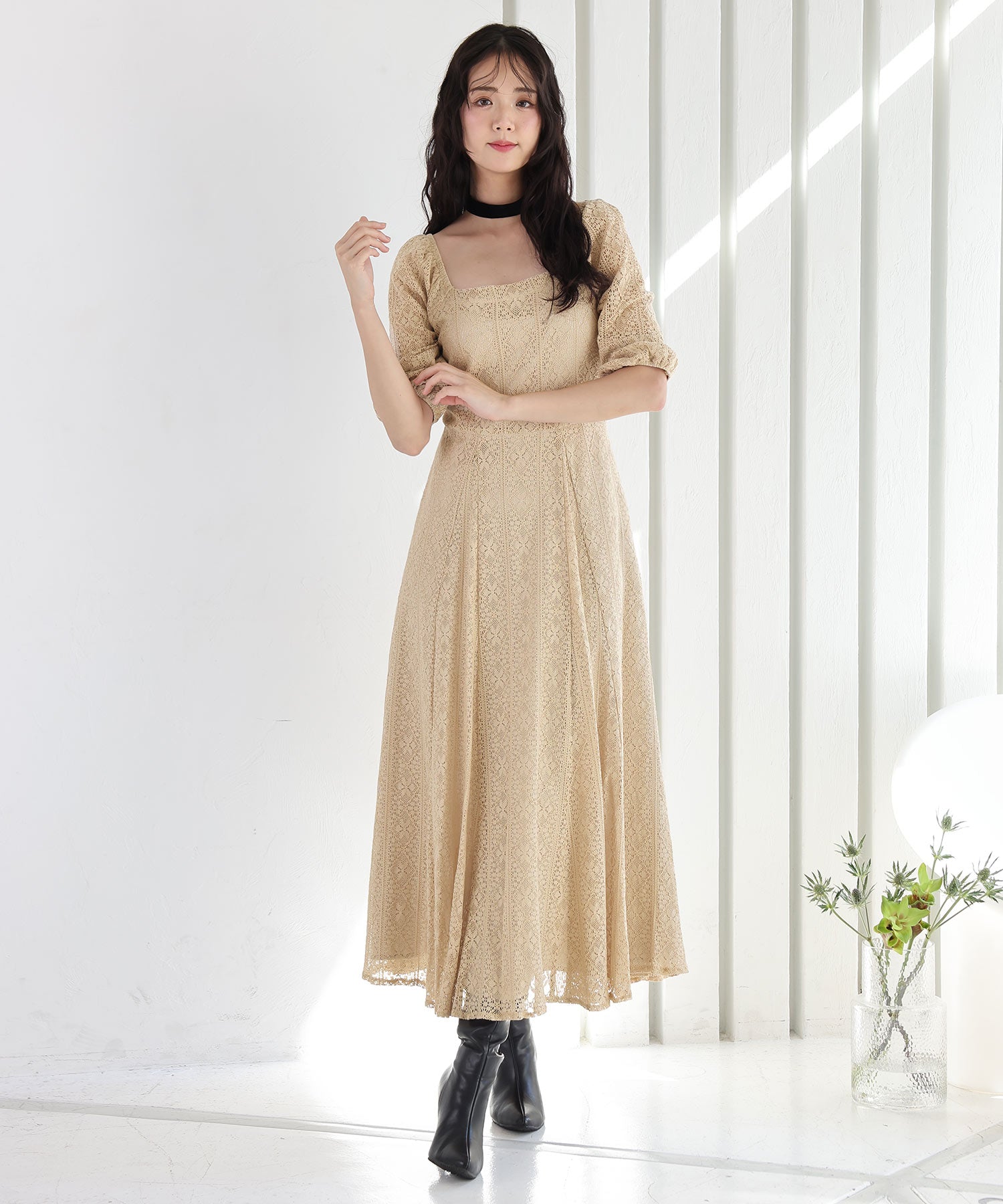 プールヴー PourVous 七分袖&ミモレ丈パーティードレススクエアネックお呼ばれ結婚式フォーマル ワンピース 20代 30代 40代