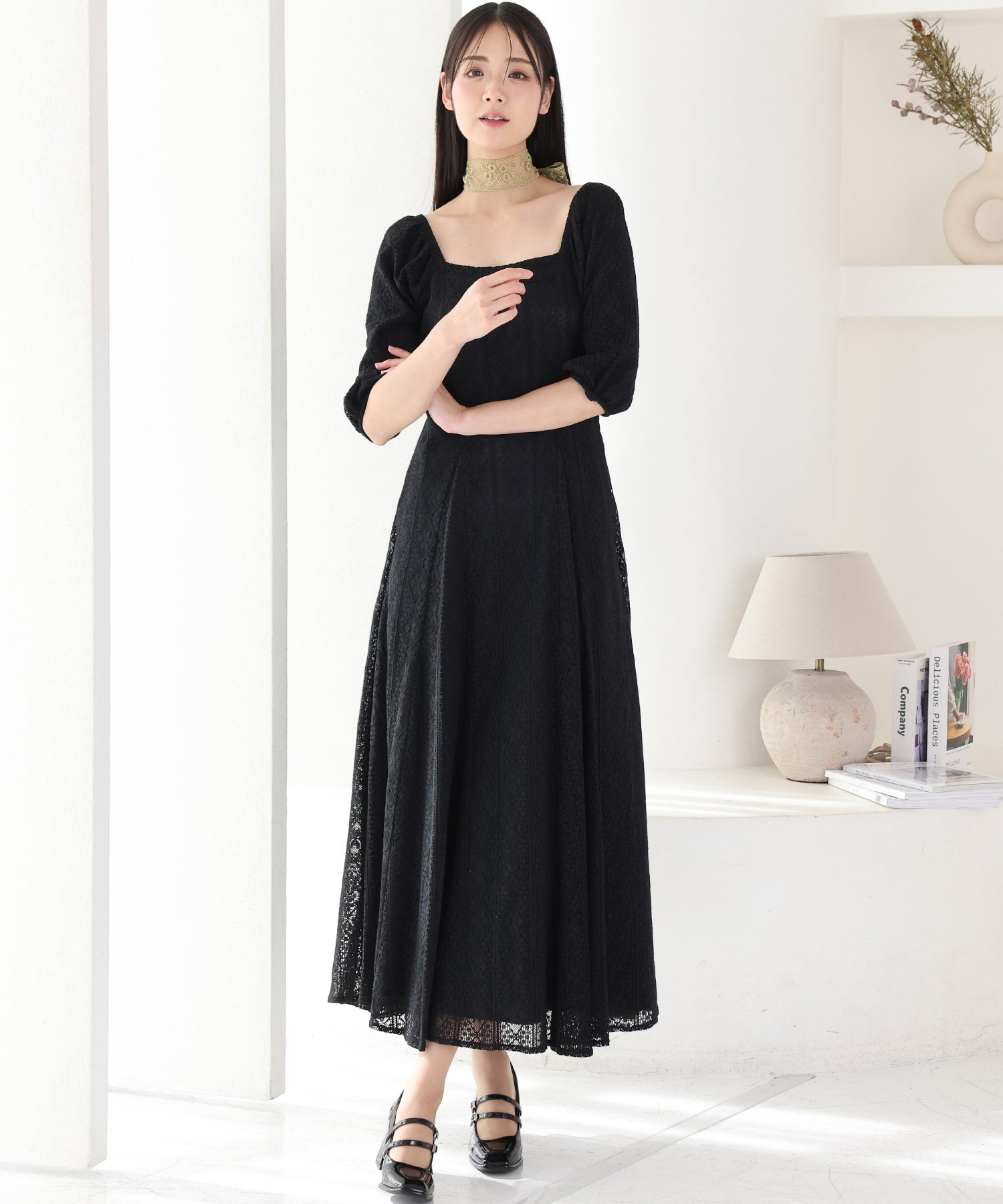 プールヴー PourVous 七分袖&ミモレ丈パーティードレススクエアネックお呼ばれ結婚式フォーマル ワンピース 20代 30代 40代