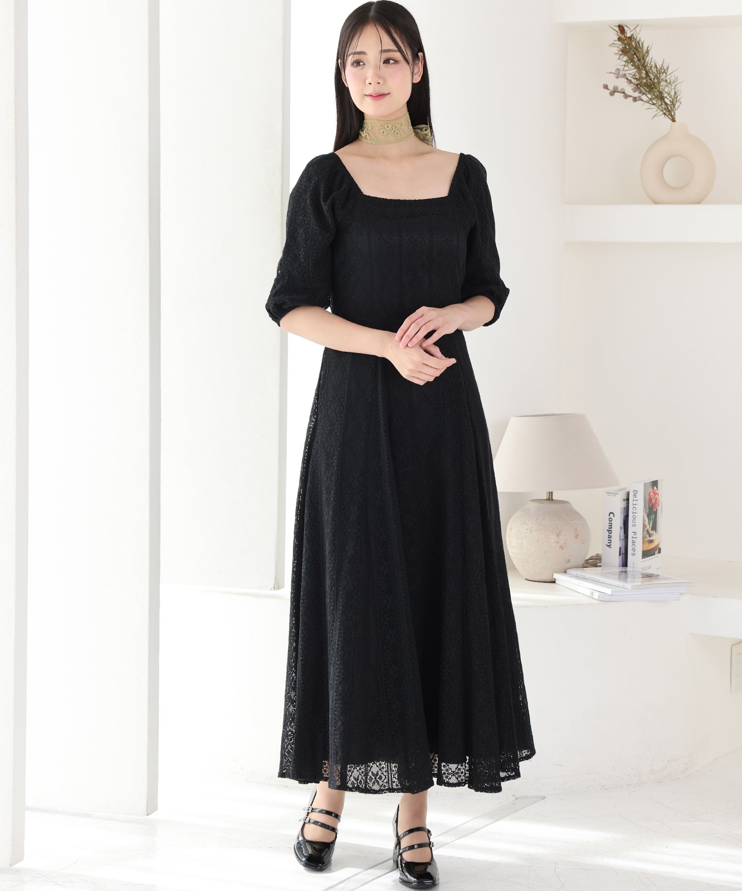 プールヴー PourVous 七分袖&ミモレ丈パーティードレススクエアネックお呼ばれ結婚式フォーマル ワンピース 20代 30代 40代