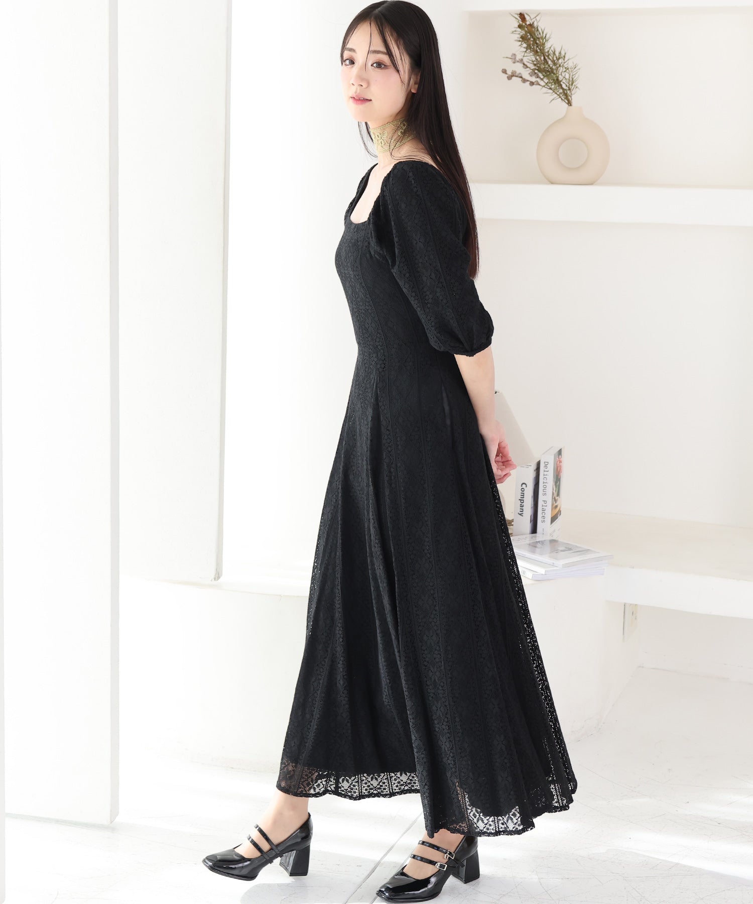 プールヴー PourVous 七分袖&ミモレ丈パーティードレススクエアネックお呼ばれ結婚式フォーマル ワンピース 20代 30代 40代