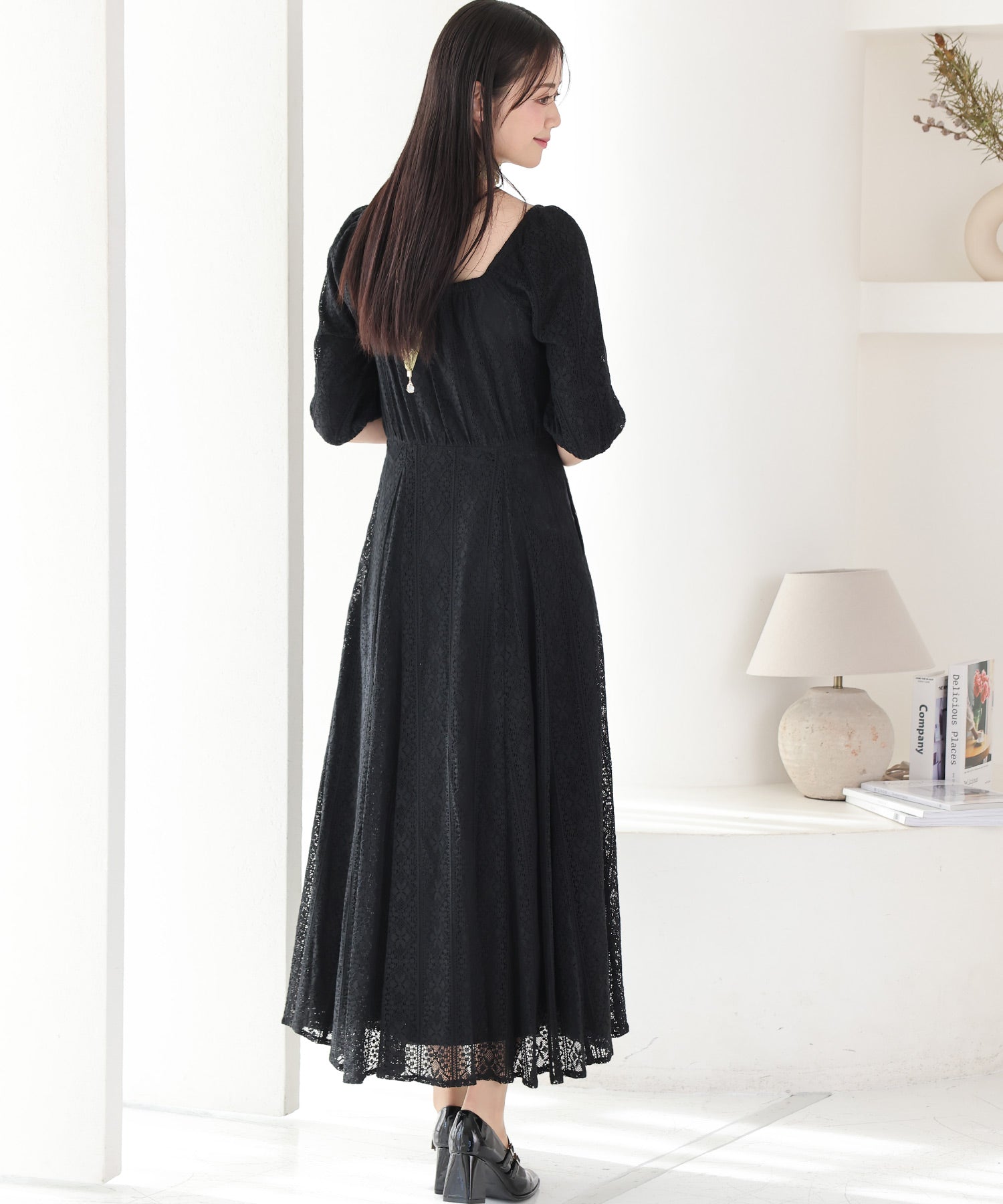 プールヴー PourVous 七分袖&ミモレ丈パーティードレススクエアネックお呼ばれ結婚式フォーマル ワンピース 20代 30代 40代