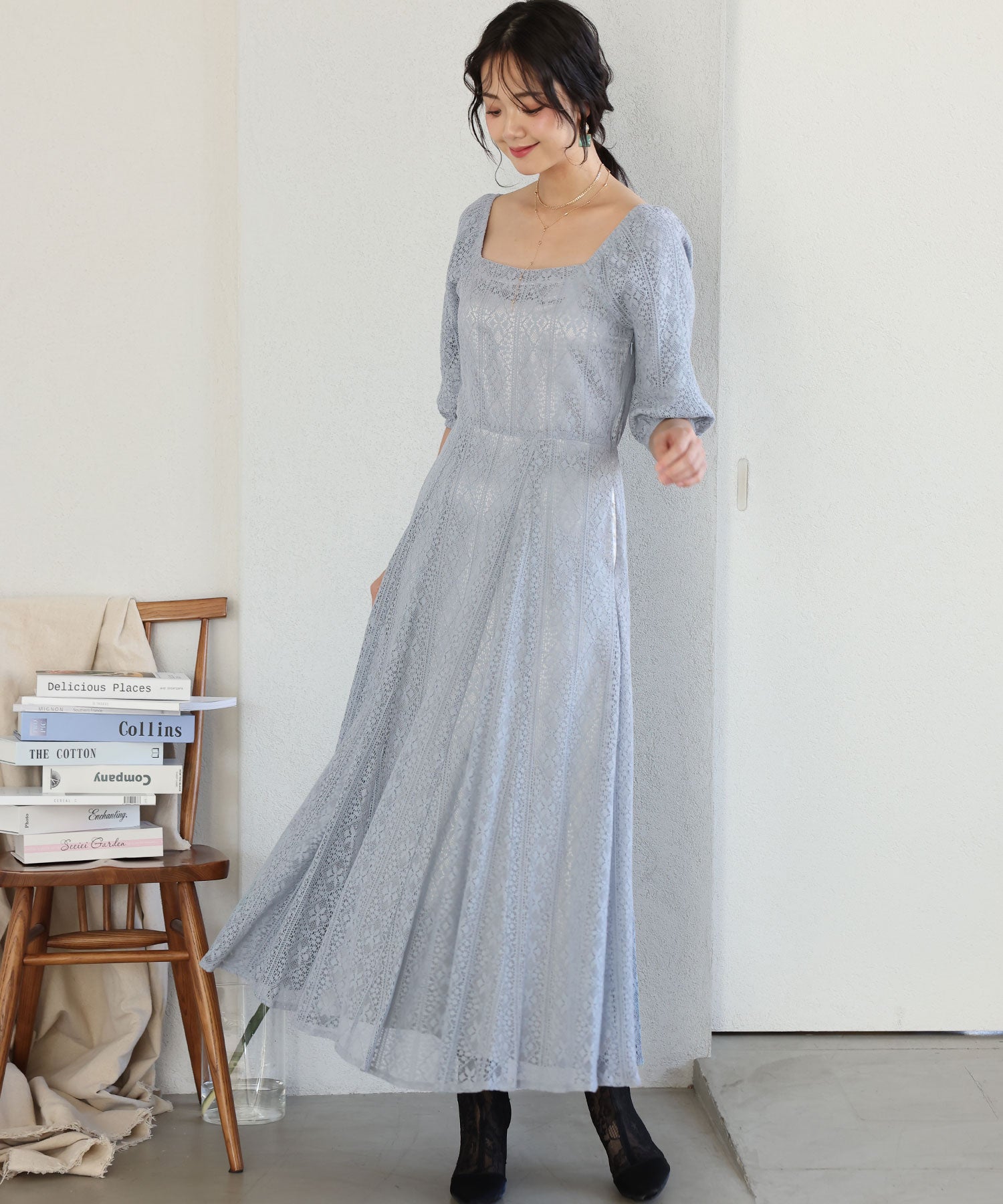 プールヴー PourVous 七分袖&ミモレ丈パーティードレススクエアネックお呼ばれ結婚式フォーマル ワンピース 20代 30代 40代