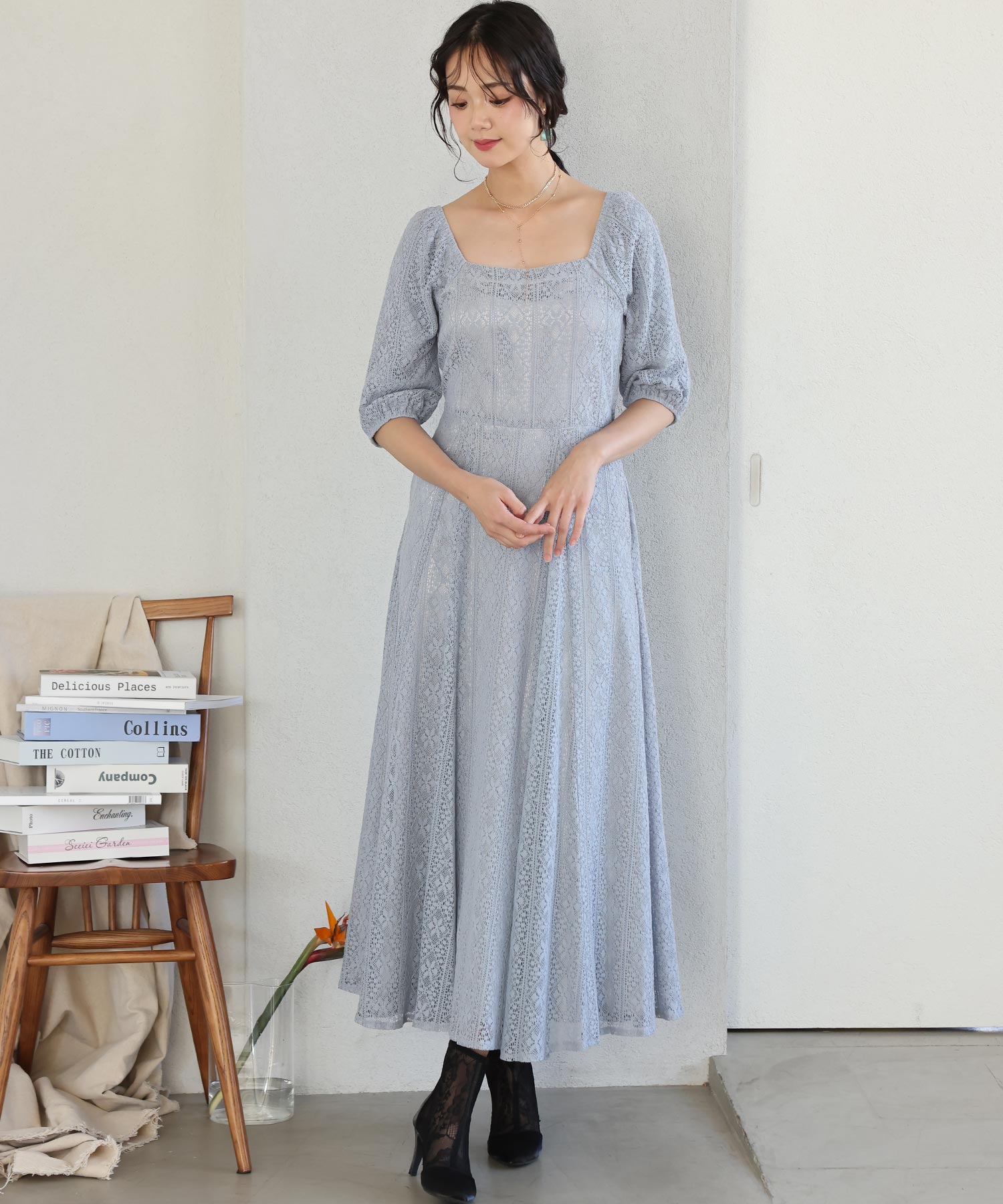 プールヴー PourVous 七分袖&ミモレ丈パーティードレススクエアネックお呼ばれ結婚式フォーマル ワンピース 20代 30代 40代