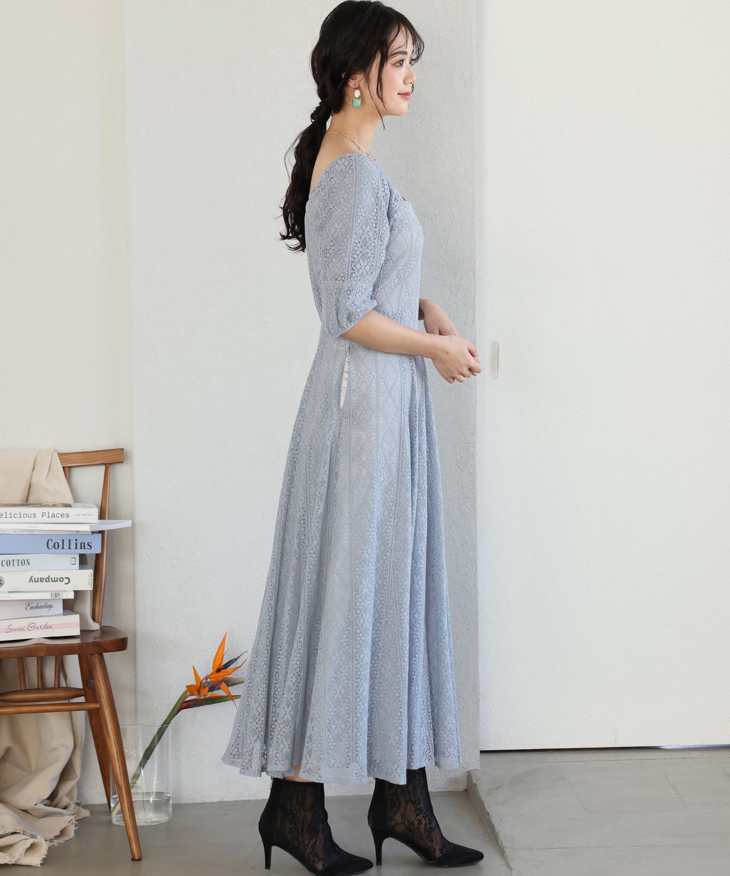 プールヴー PourVous 七分袖&ミモレ丈パーティードレススクエアネックお呼ばれ結婚式フォーマル ワンピース 20代 30代 40代