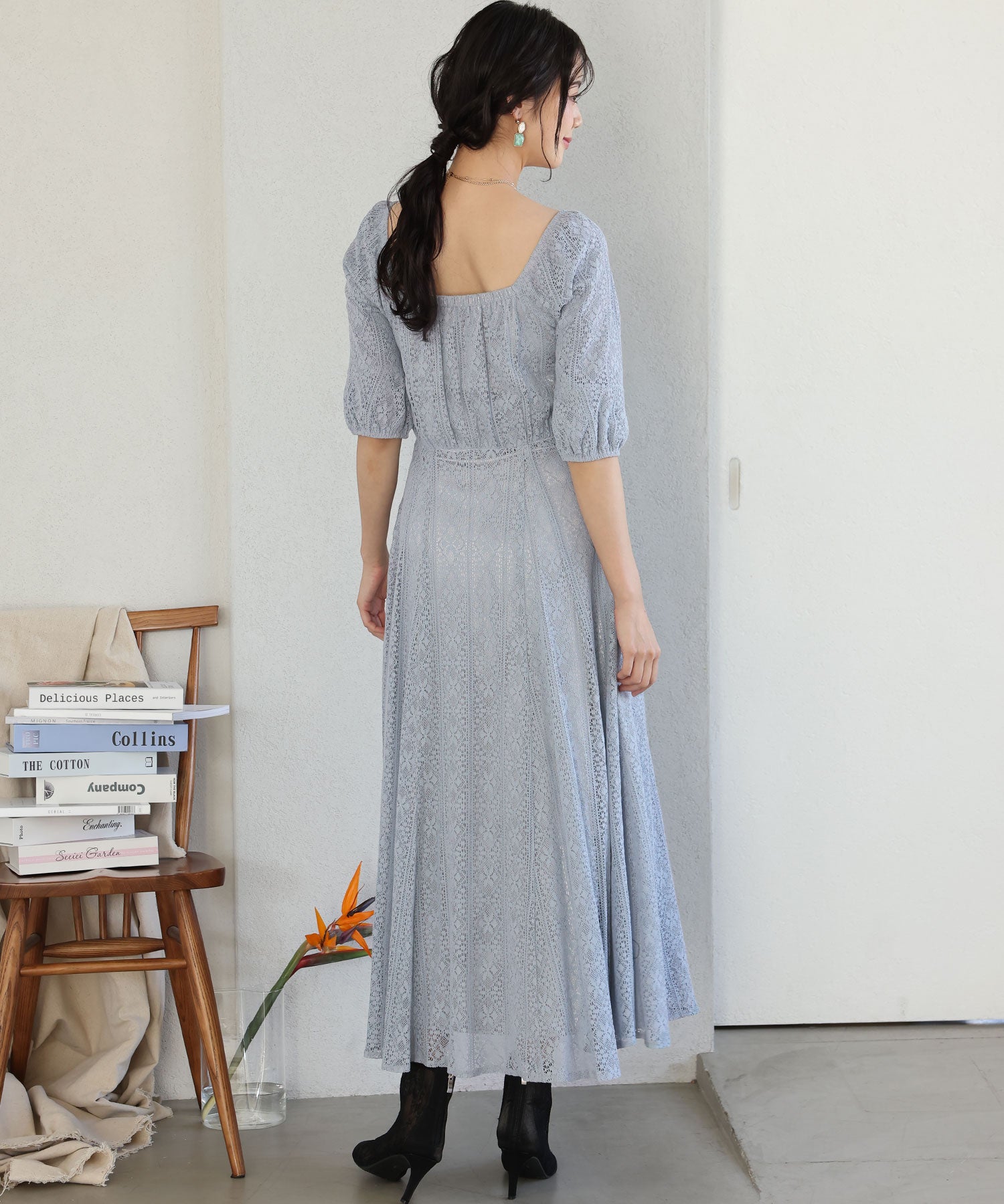 プールヴー PourVous 七分袖&ミモレ丈パーティードレススクエアネックお呼ばれ結婚式フォーマル ワンピース 20代 30代 40代