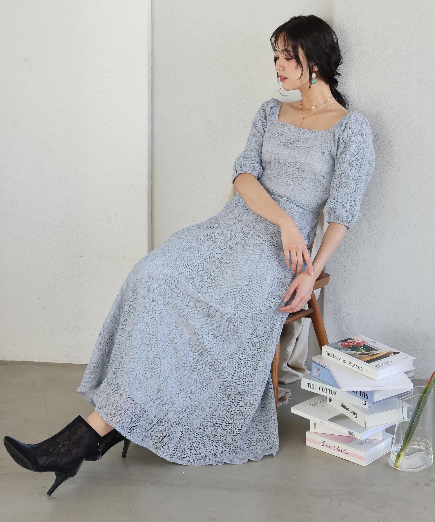 プールヴー PourVous 七分袖&ミモレ丈パーティードレススクエアネックお呼ばれ結婚式フォーマル ワンピース 20代 30代 40代