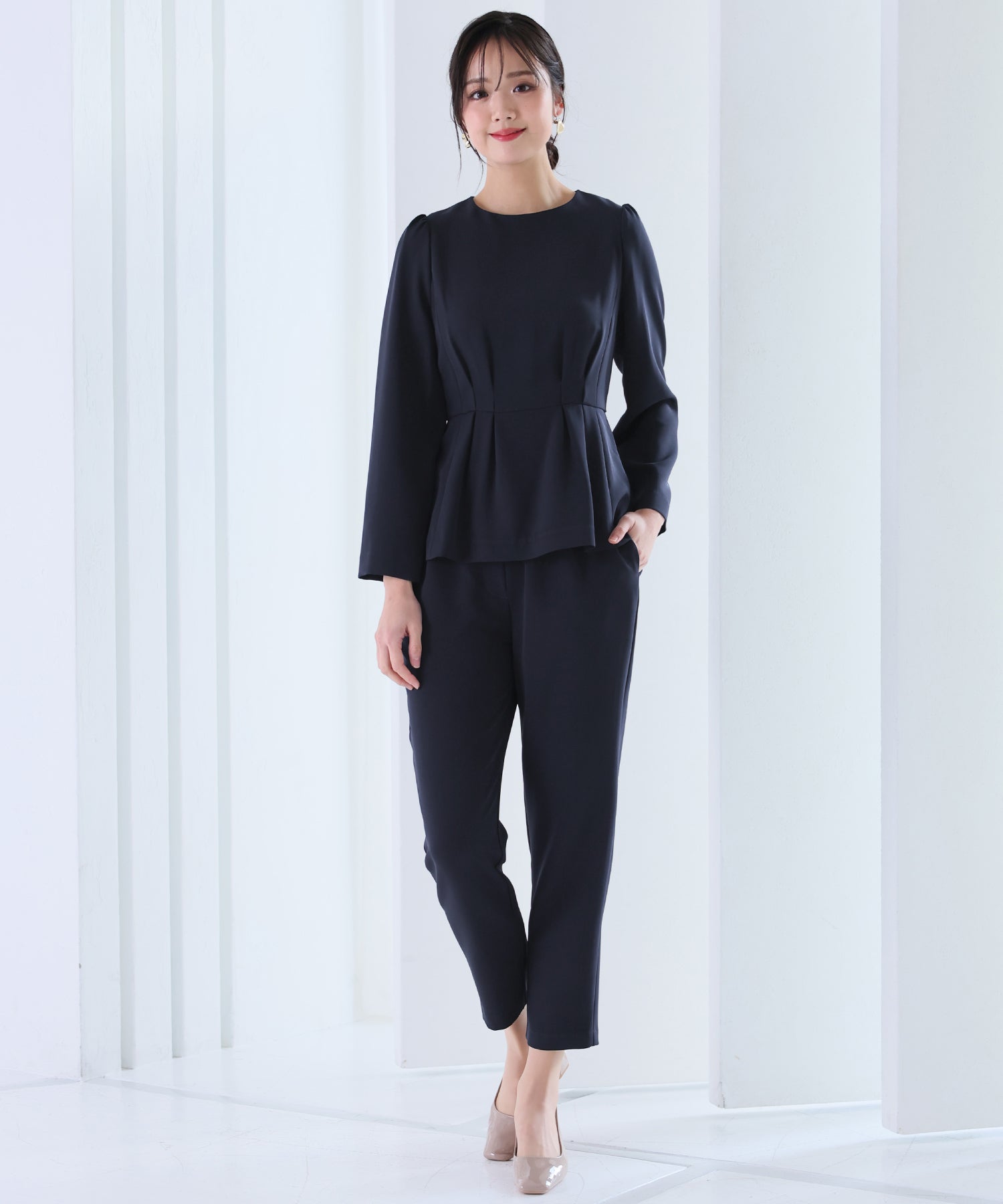 PourVous Peplum Blouse Pants Suit