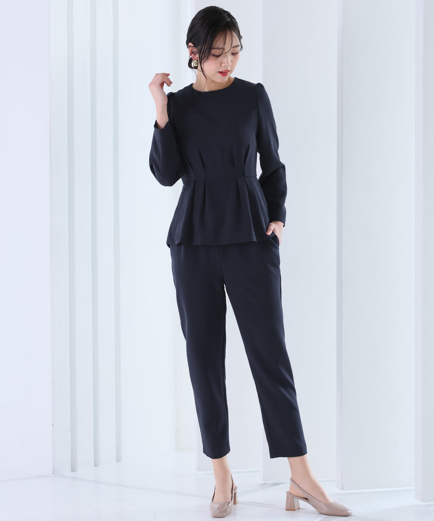 PourVous Peplum Blouse Pants Suit