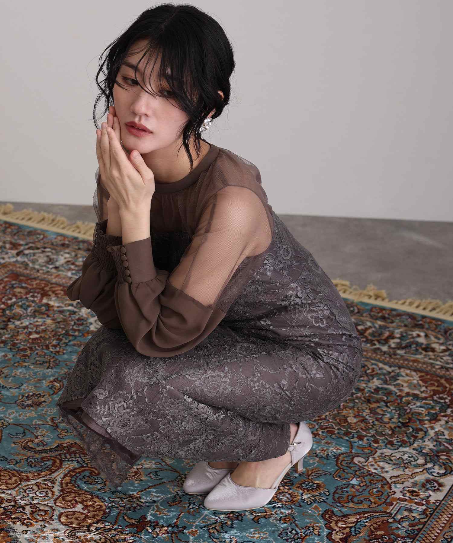 プールヴー PourVous ハートカットパーティードレスお呼ばれ袖あり&ロング結婚式フォーマル フォーマル ワンピース パーティードレス 20代 30代 40代