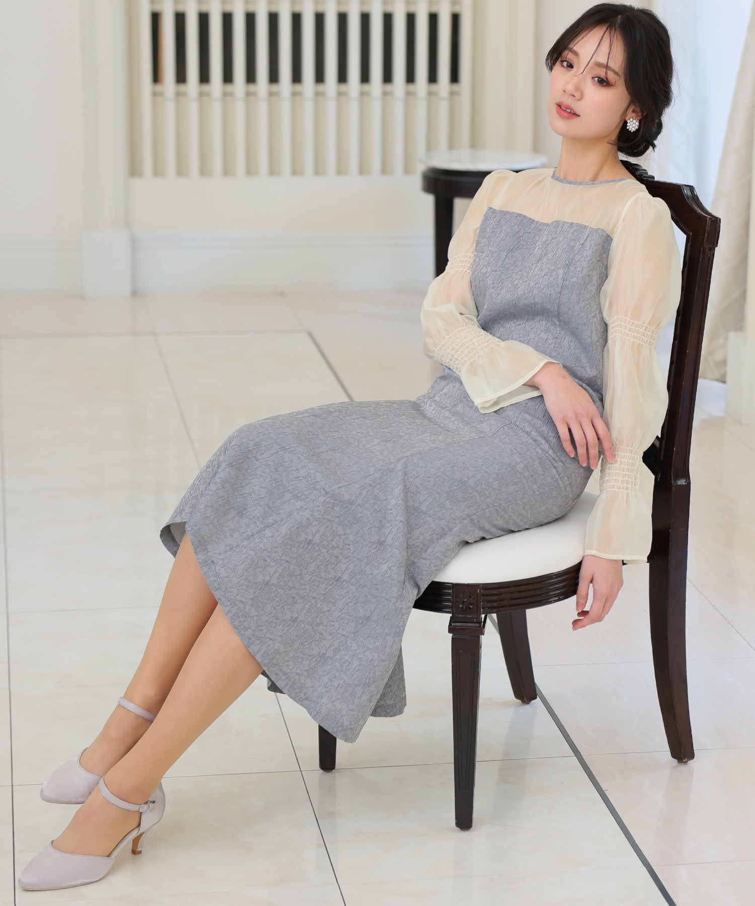 プールヴー PourVous ミモレ丈&袖ありフォーマルギャザーセレモニー結婚式パーティードレス フォーマル ワンピース パーティードレス 20代 30代 40代 （ブルーグレー） ブルーグレー