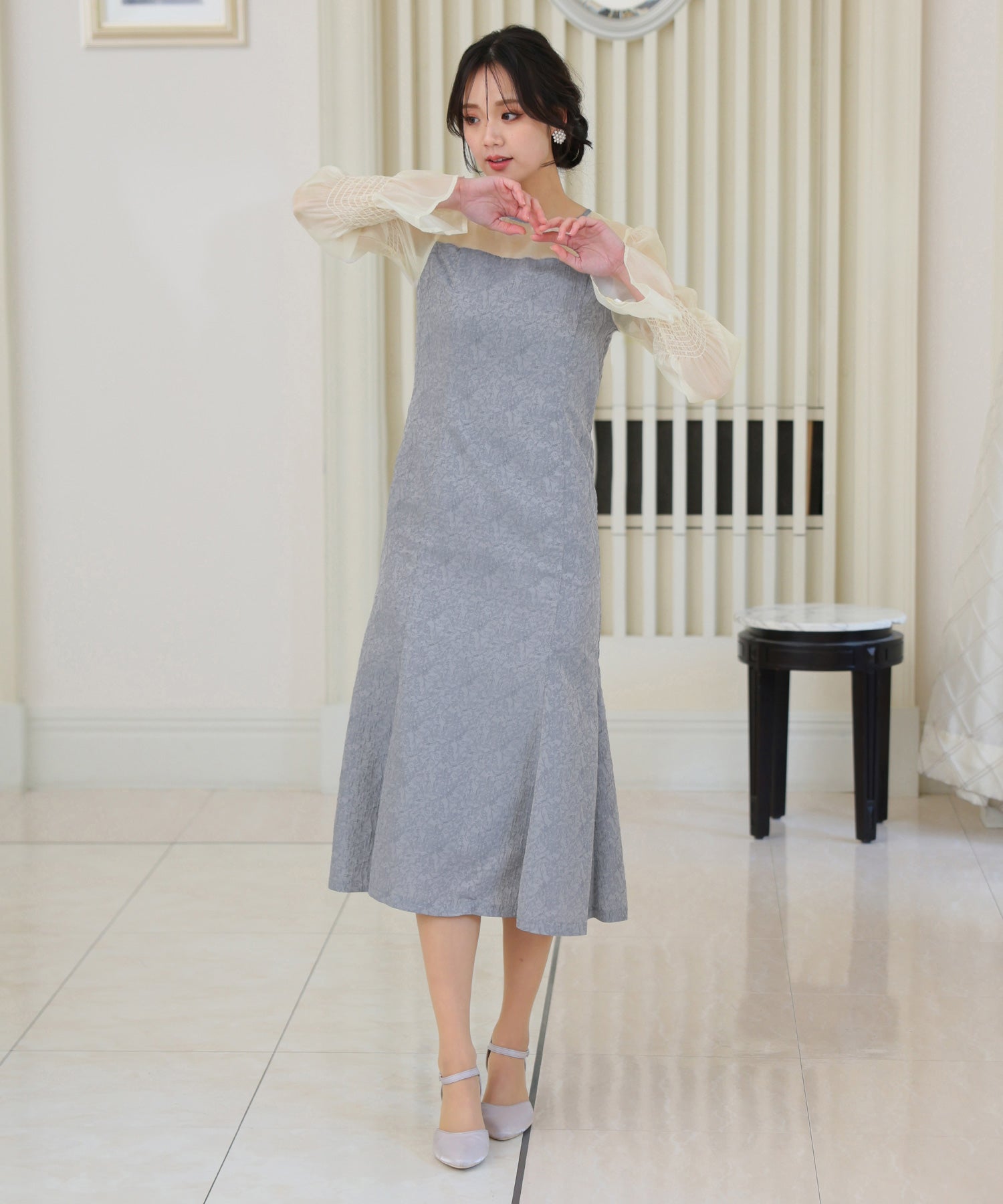 プールヴー PourVous ミモレ丈&袖ありフォーマルギャザーセレモニー結婚式パーティードレス フォーマル ワンピース パーティードレス 20代 30代 40代 （ブルーグレー） ブルーグレー