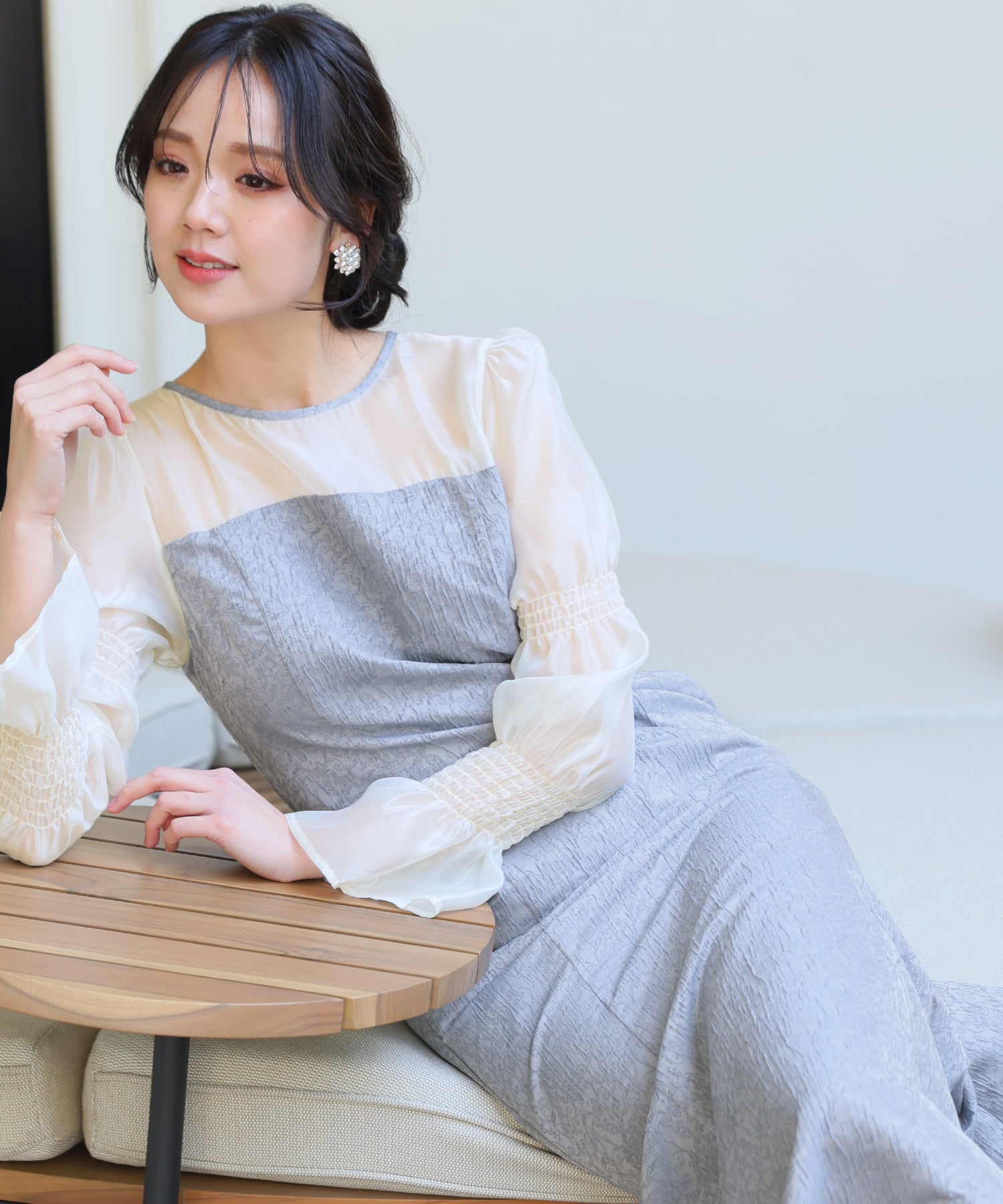 プールヴー PourVous ミモレ丈&袖ありフォーマルギャザーセレモニー結婚式パーティードレス フォーマル ワンピース パーティードレス 20代 30代 40代 （ブルーグレー） ブルーグレー