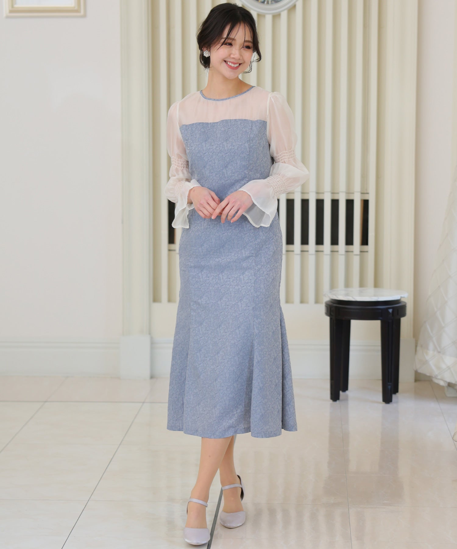 プールヴー PourVous ミモレ丈&袖ありフォーマルギャザーセレモニー結婚式パーティードレス フォーマル ワンピース パーティードレス 20代 30代 40代 （ブルーグレー） ブルーグレー