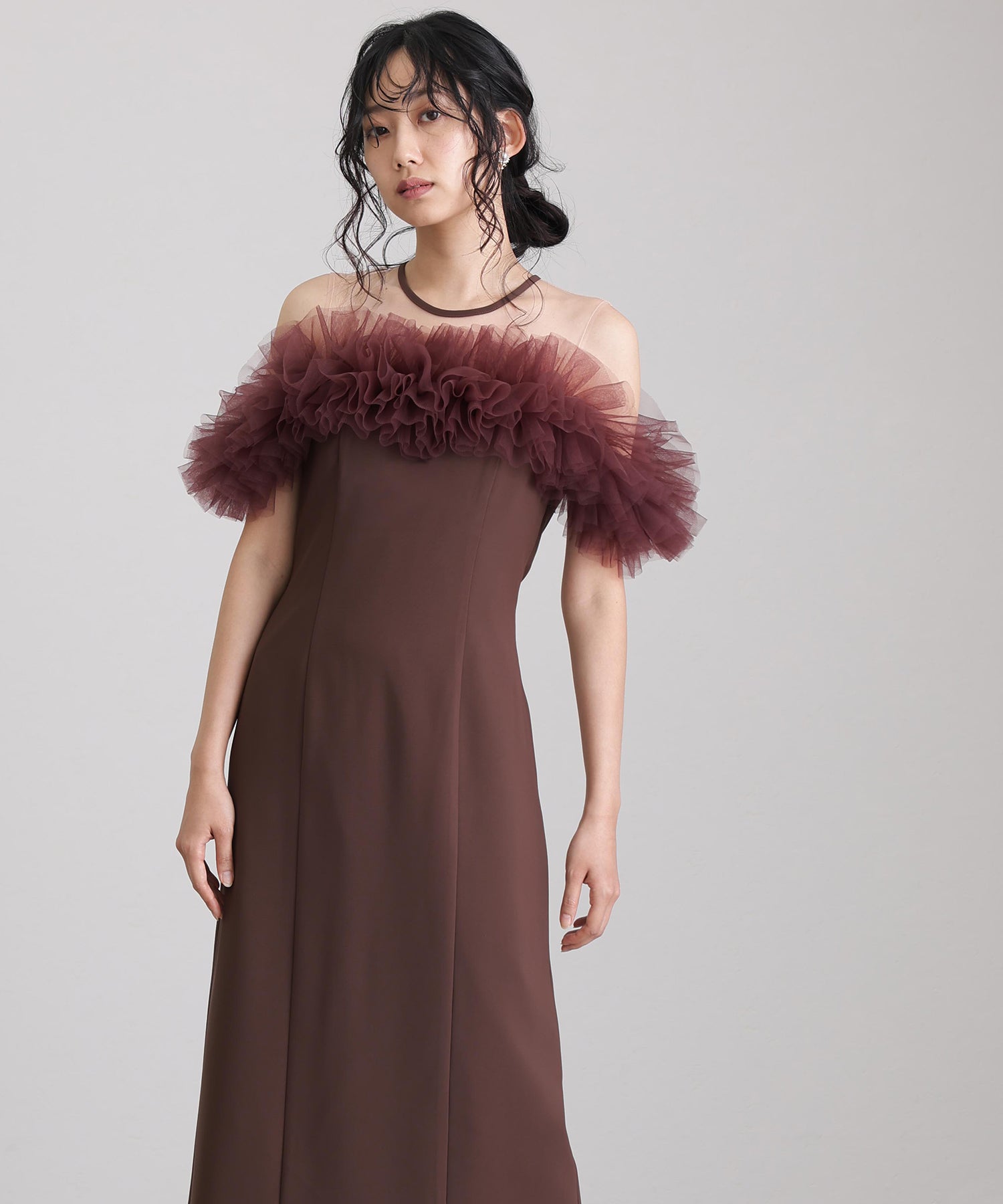 プールヴー PourVous ミモレ丈&ノースリーブフォーマルギャザーチュールセレモニー結婚式パーティードレスオケージョンドレス フォーマル ワンピース パーティードレス 20代 30代 40代