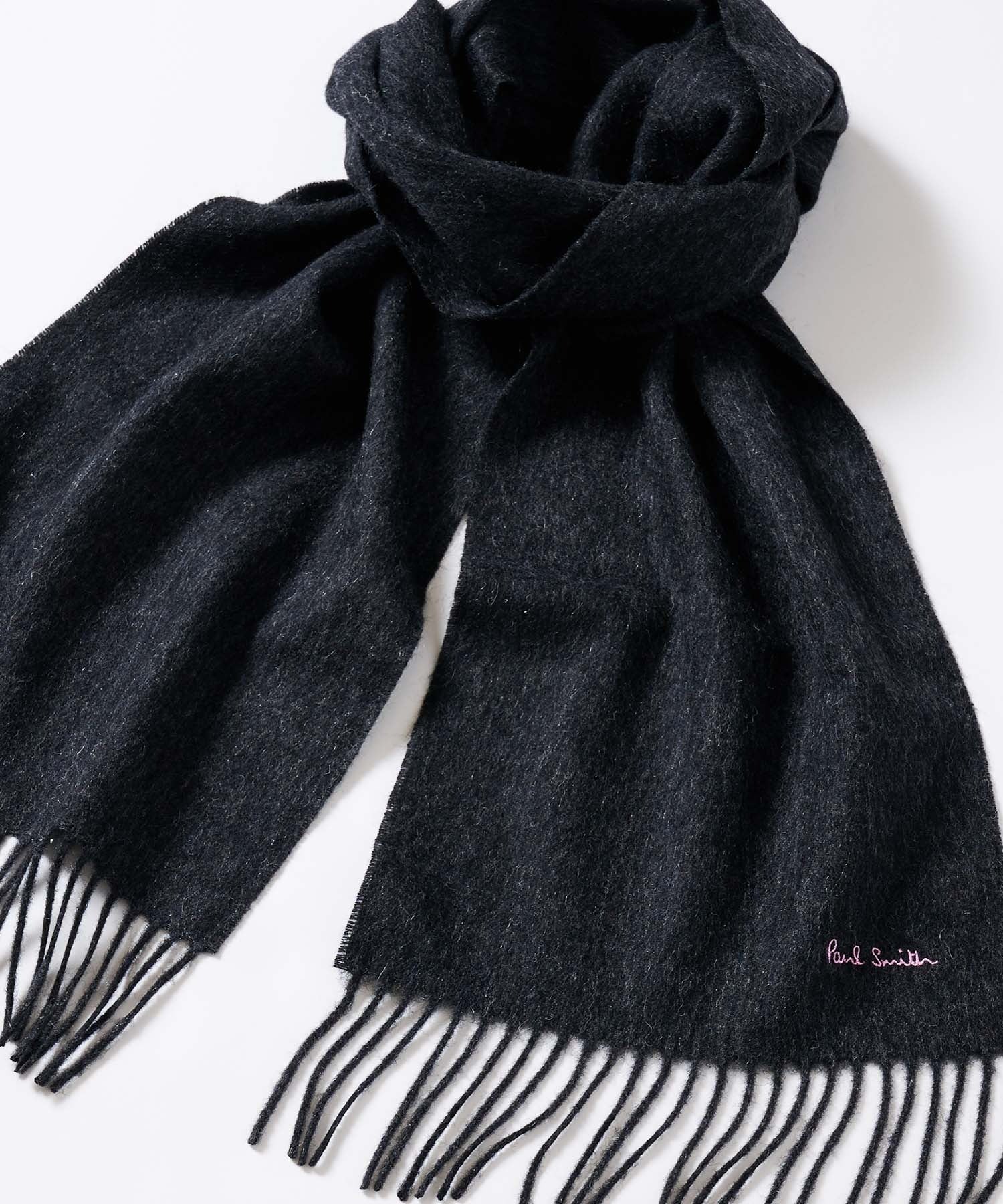 ポールスミス Paul Smith マフラー ストール 無地 薄手 フリンジ ロゴ ウール プレゼント ギフト 防寒 通勤 通学 ウール100% 刺繍 ブランド,チャコールグレー×ピンク