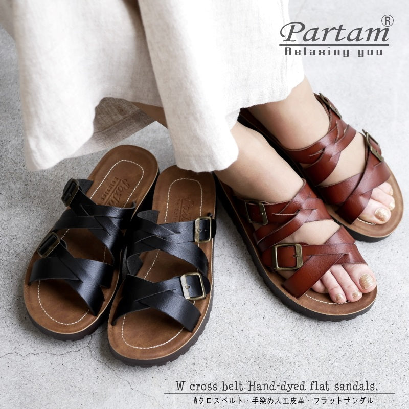 パータム PARTAM ミュールサンダル 手染め 人工皮革 クロスベルト フラット 軽い 3e （ブラック） ブラック