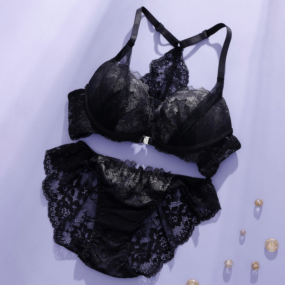 パリーゼ Palissee 【脇高】フロントホックブラ＆バックレースショーツ【返品不可商品】 （ブラック） ブラック