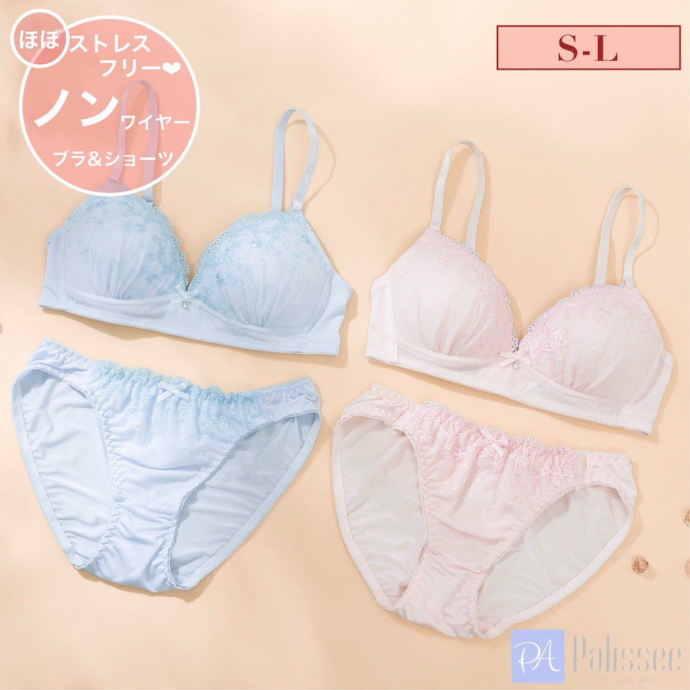パリーゼ Palissee リボン刺しゅうノンワイヤーブラ＆ショーツ【返品不可商品】 （サックス） サックス