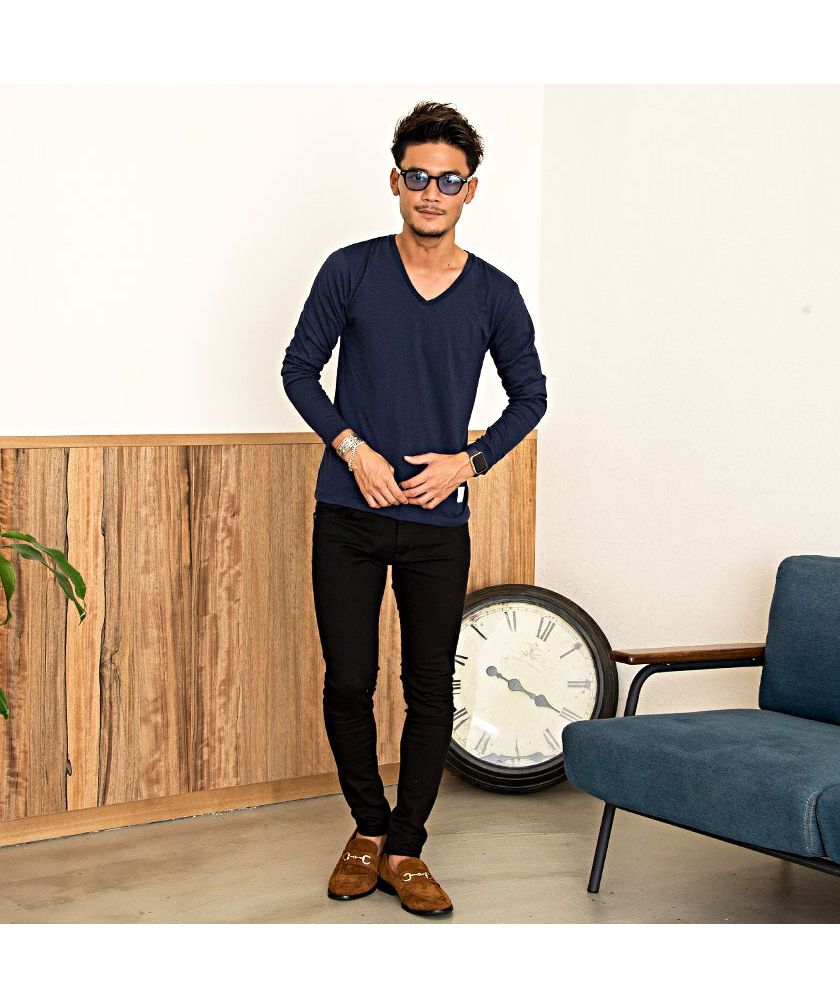 キャバリア CavariA CavariA カラー無地Vネック長袖Tシャツ メンズ 長袖 無地 ロンt 長袖Tシャツ シンプル トップス ブランド 黒 白 紺 ブラック グレー ホワイト