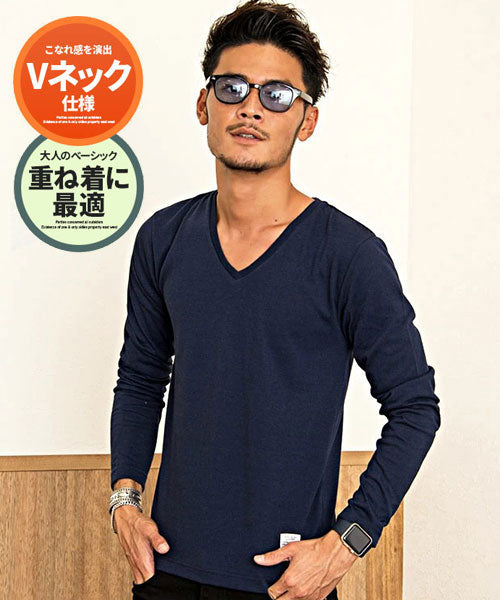 キャバリア CavariA CavariA カラー無地Vネック長袖Tシャツ メンズ 長袖 無地 ロンt 長袖Tシャツ シンプル トップス ブランド 黒 白 紺 ブラック グレー ホワイト,NAVY(ネイビー)