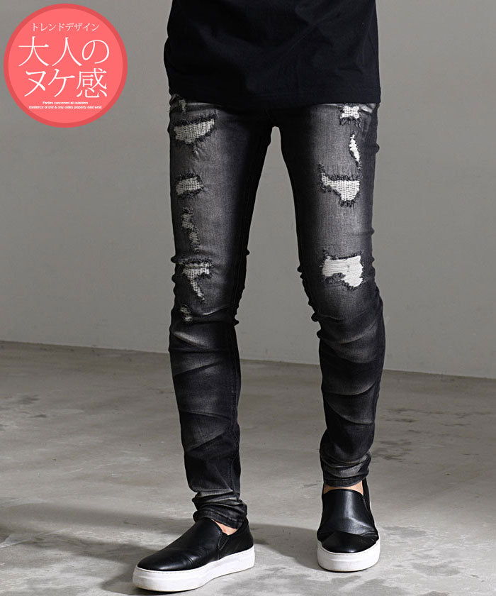 キャバリア CavariA CavariA リペア加工スキニーデニムパンツ,BLK(ブラック)
