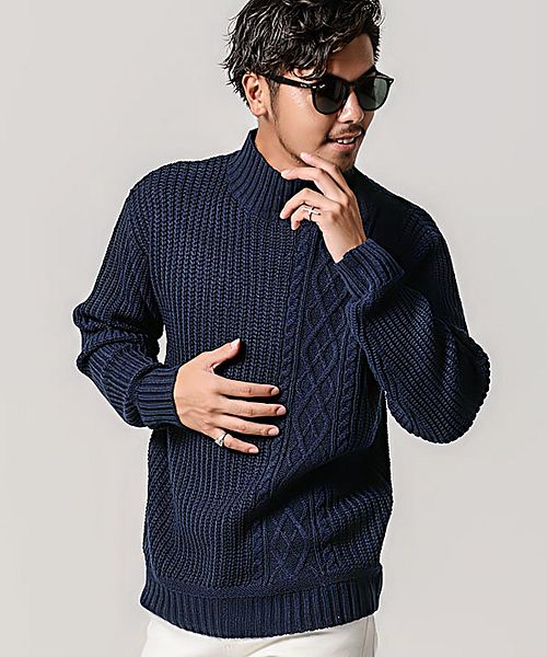 キャバリア CavariA CavariA【キャバリア】ケーブル編み切替ボトルネック長袖ニットソー,NAVY(ネイビー)
